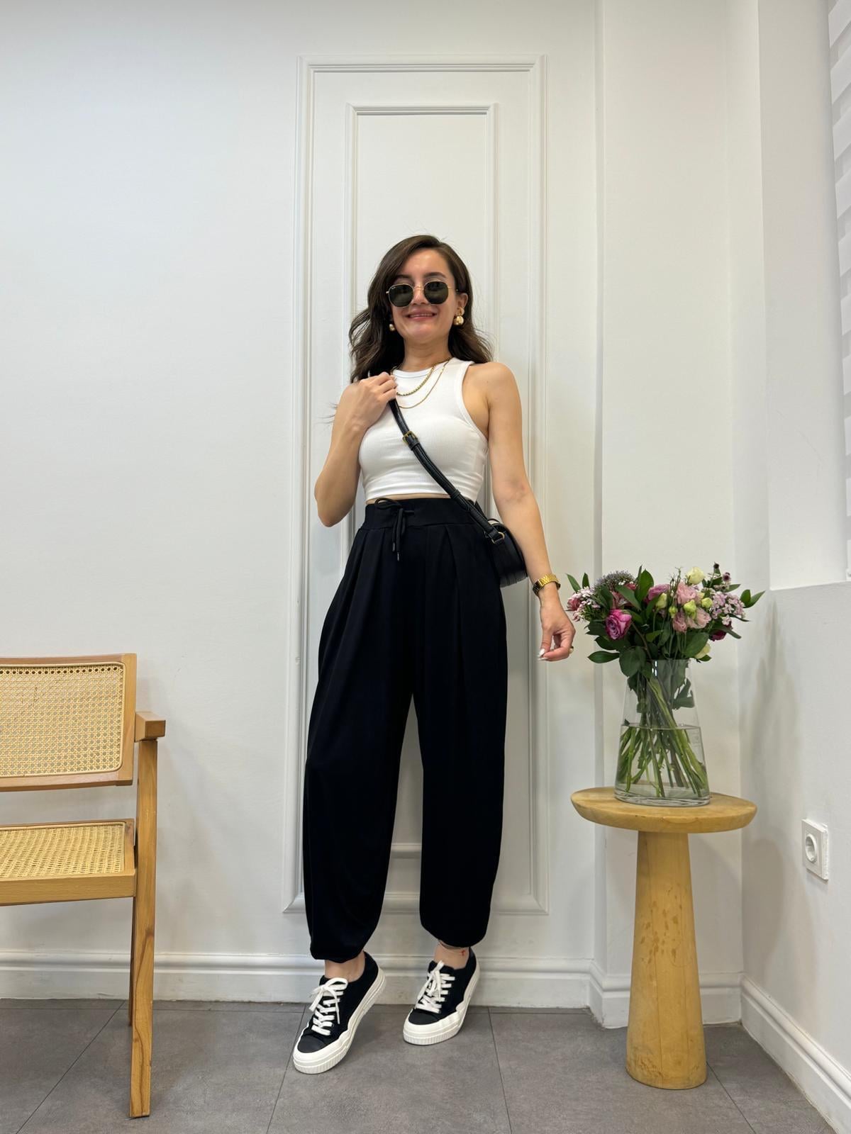 Siyah Modal Kumaş Şalvar Pantolon 1020