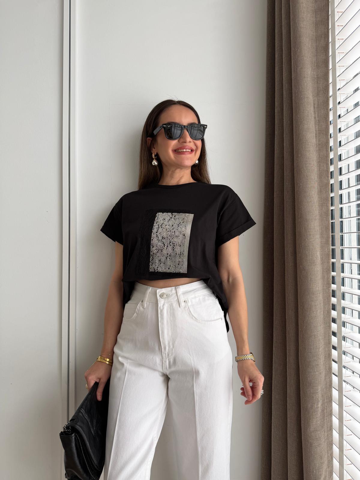 Siyah Mumlanmış Baskı Detaylı Tshirt 21229