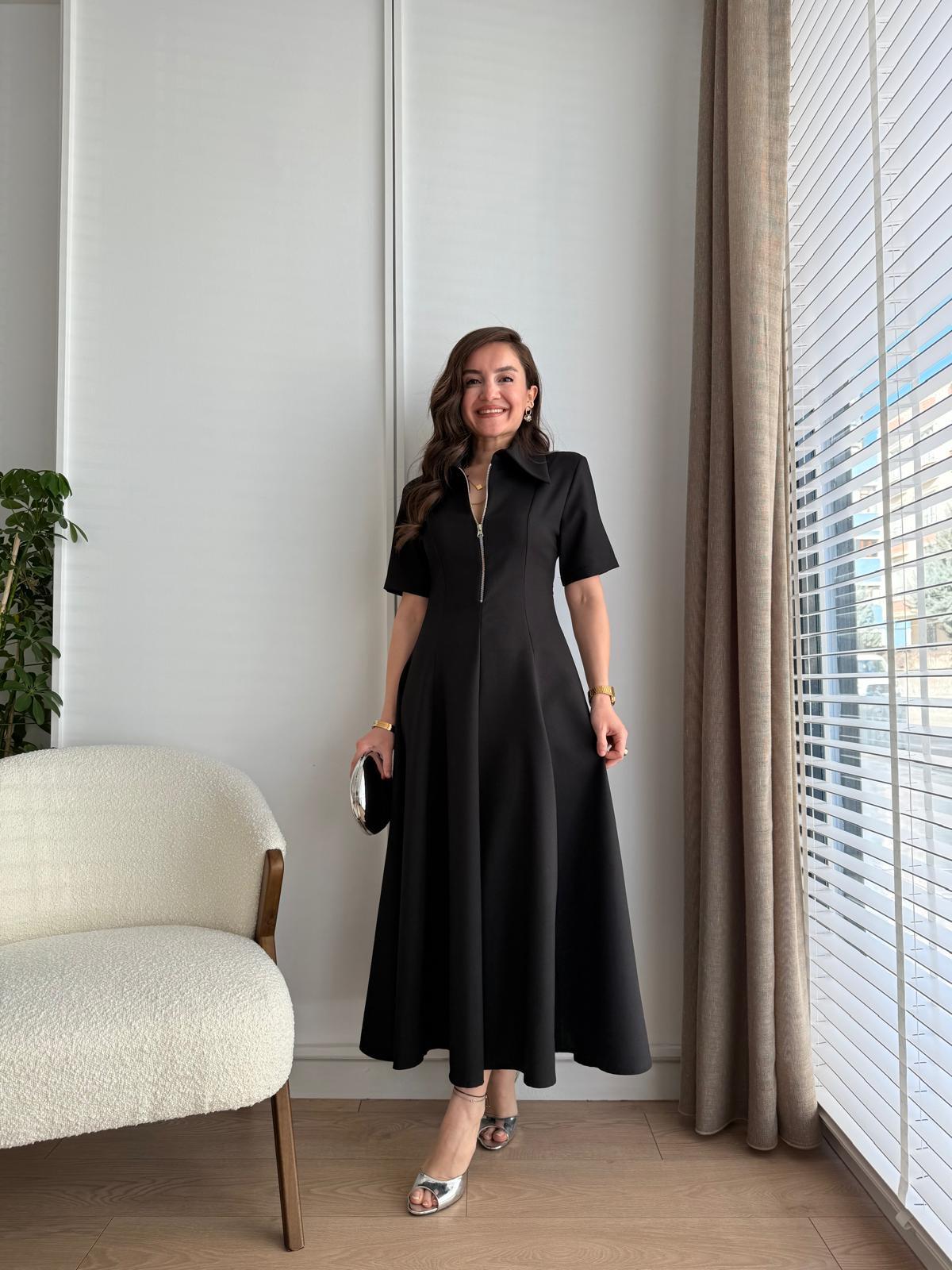 Siyah Ön Fermuarlı Midi Boy Kloş Elbise 4521