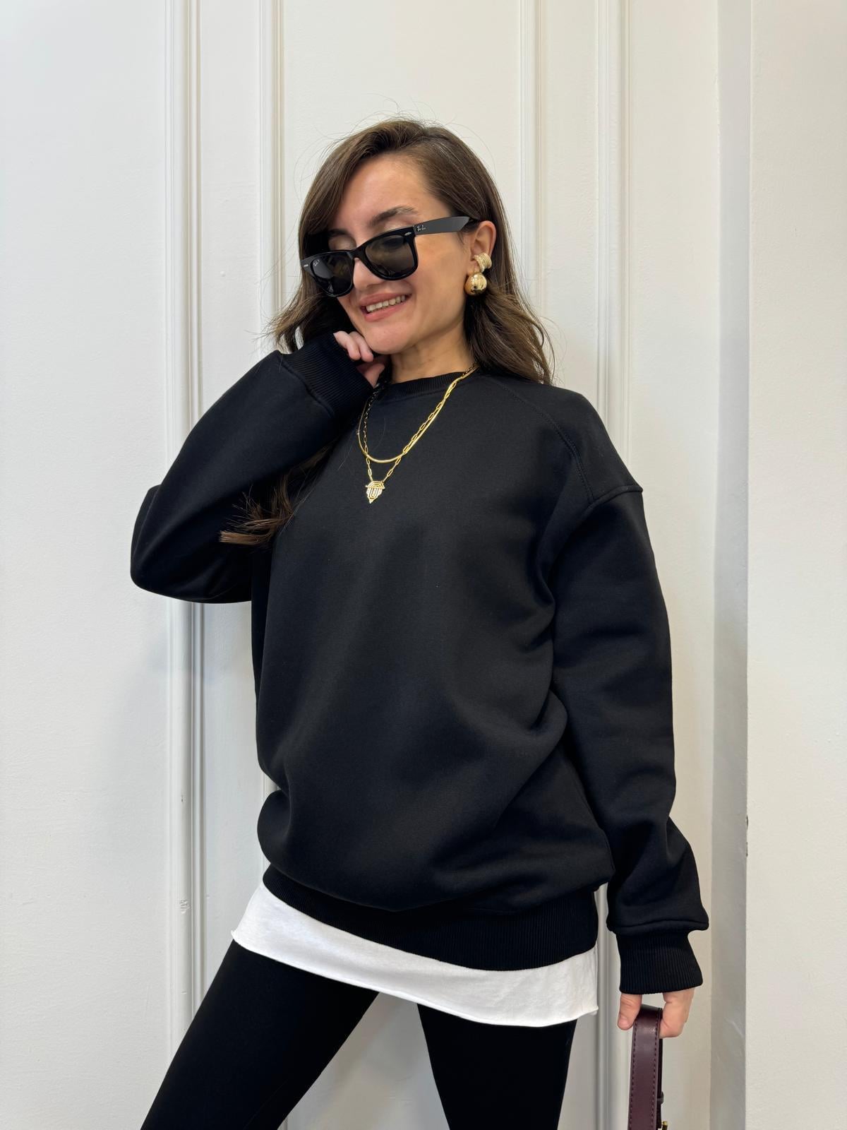 Siyah Oversize Bisiklet Yaka Sweatshırt 7912