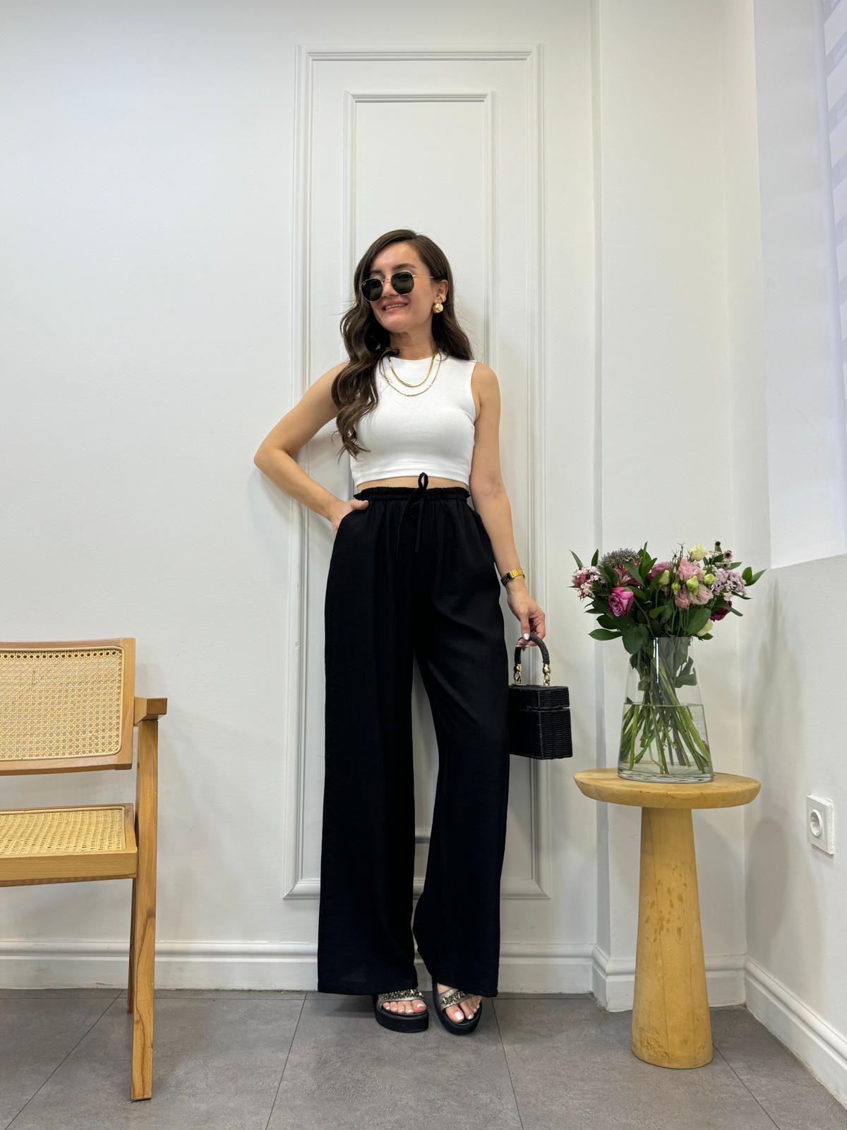 Siyah Özel Dokulu Bel Lastikli Bol Paça Pantolon 2202