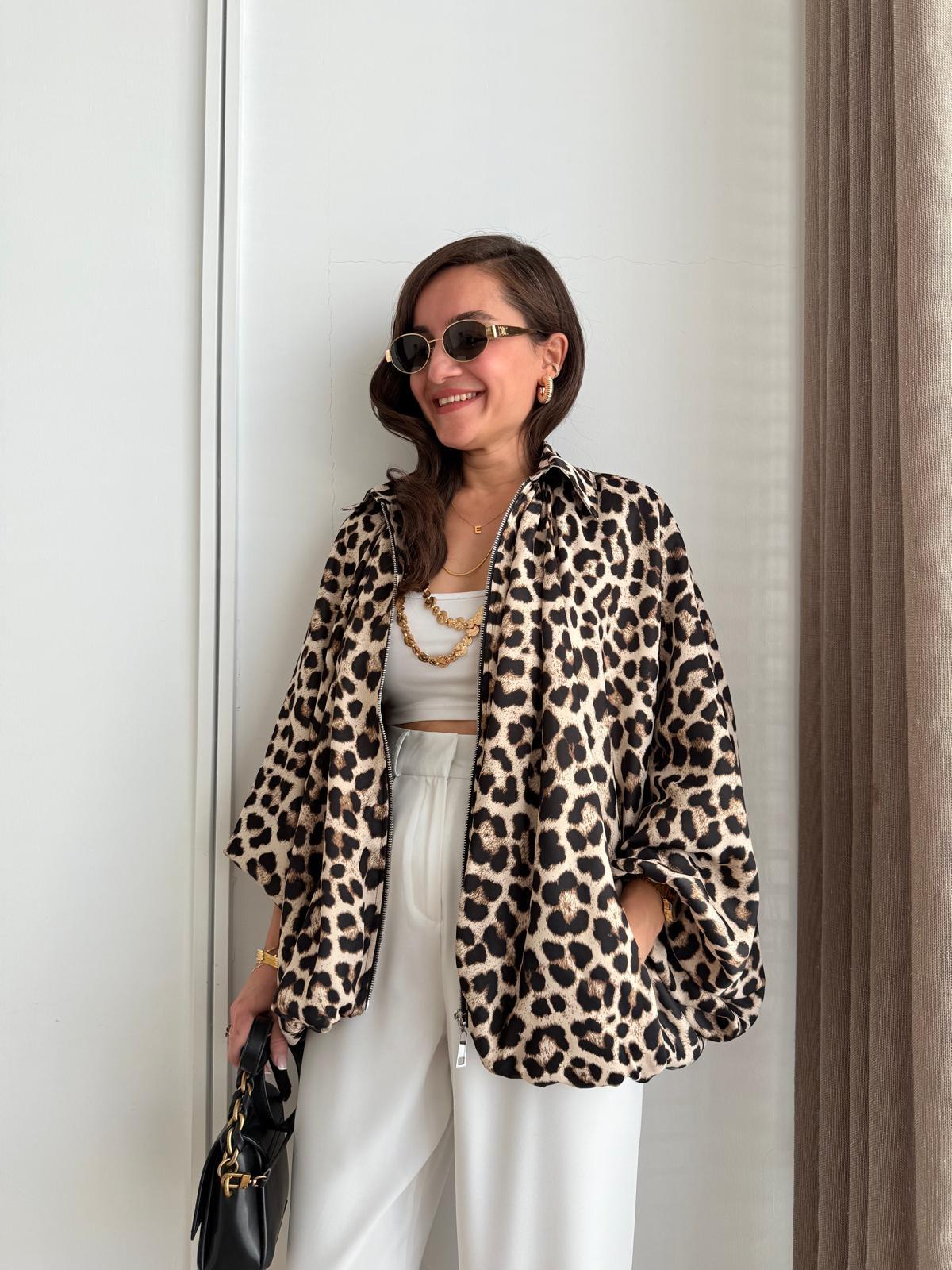 Siyah Özel Dokulu Leopar Desen Bomber Ceket 0187