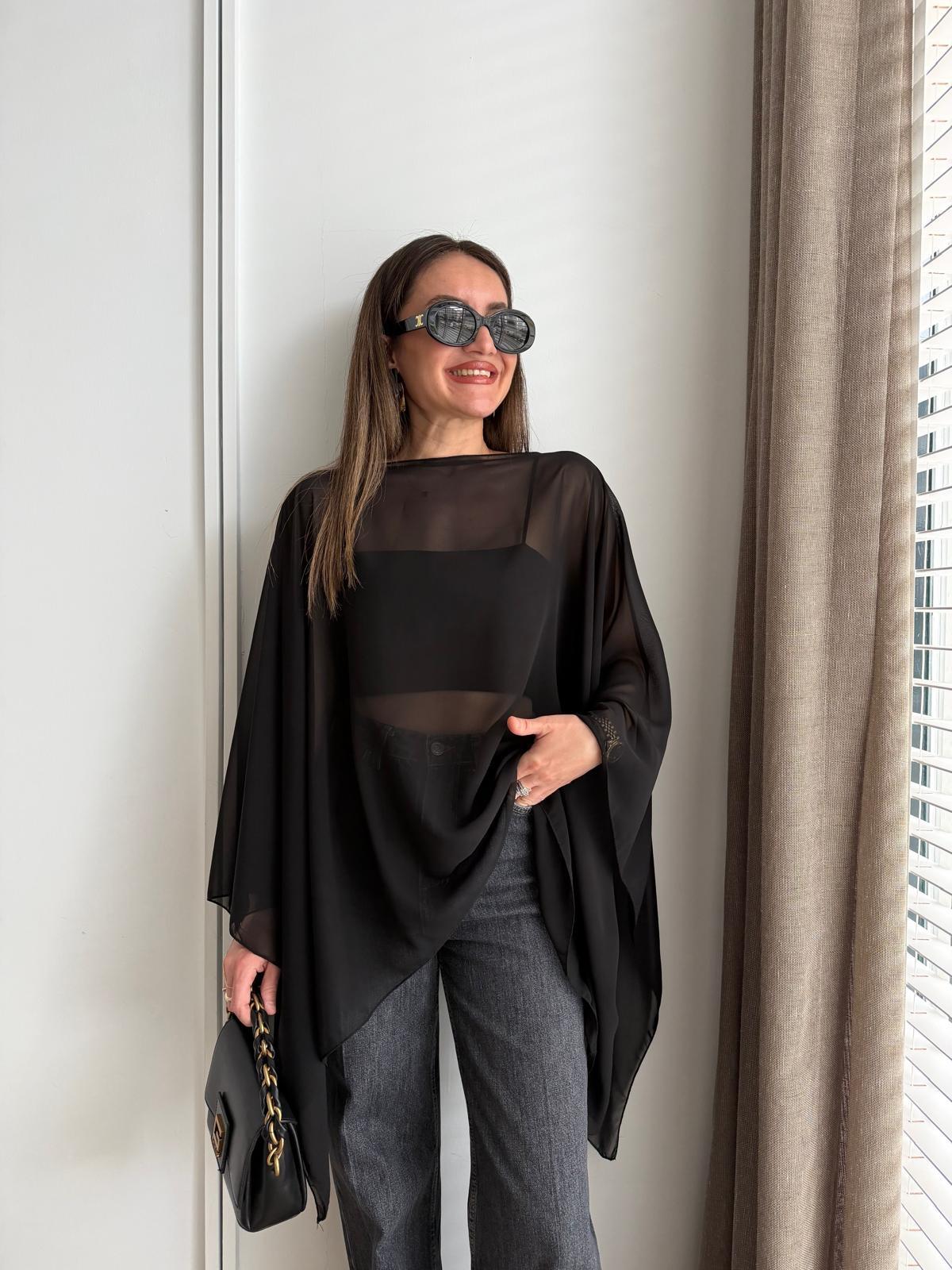 Siyah Pelerinli Şifon Bluz 5070