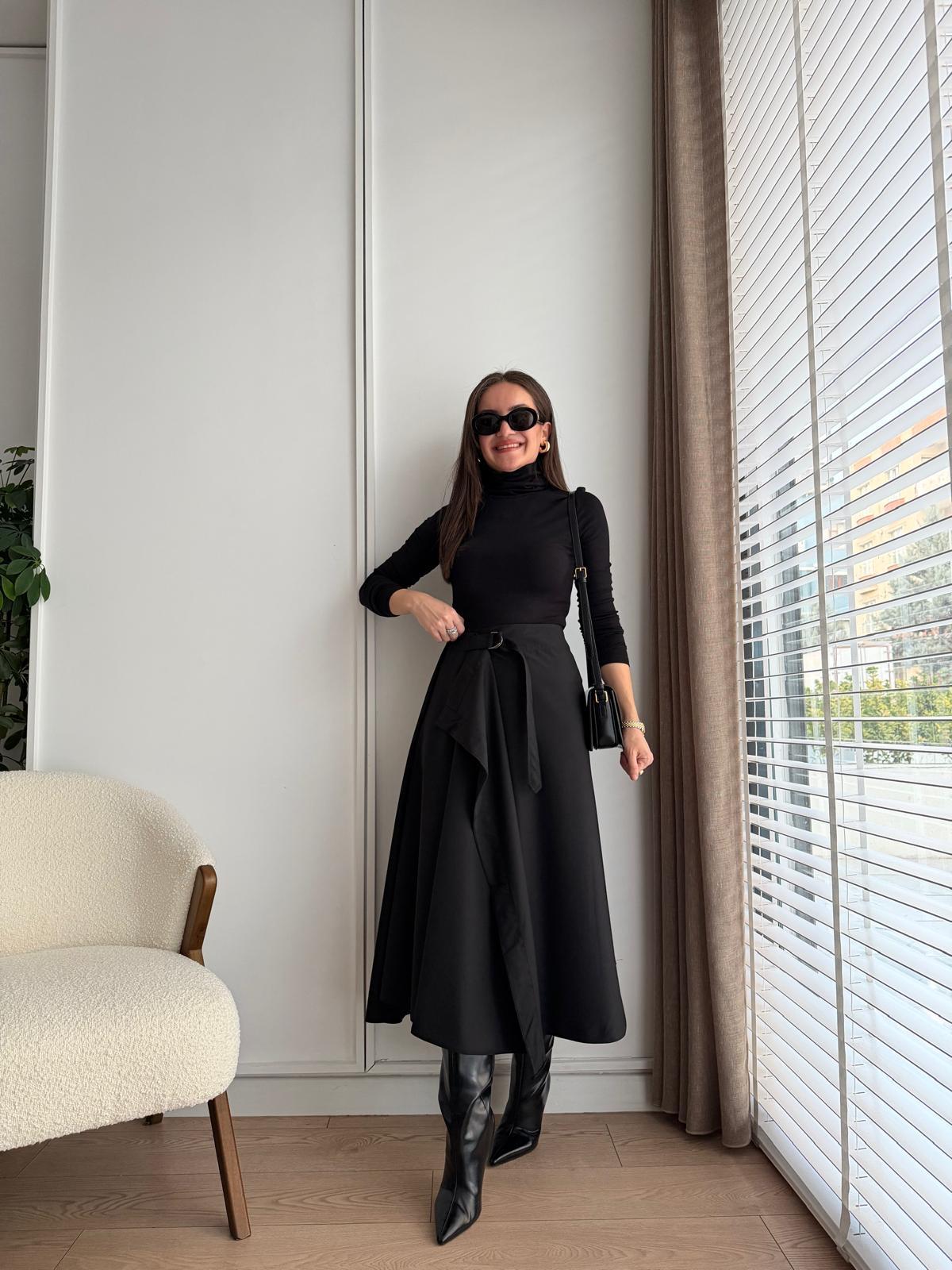 Siyah Pile Detaylı Midi Boy Etek 36978