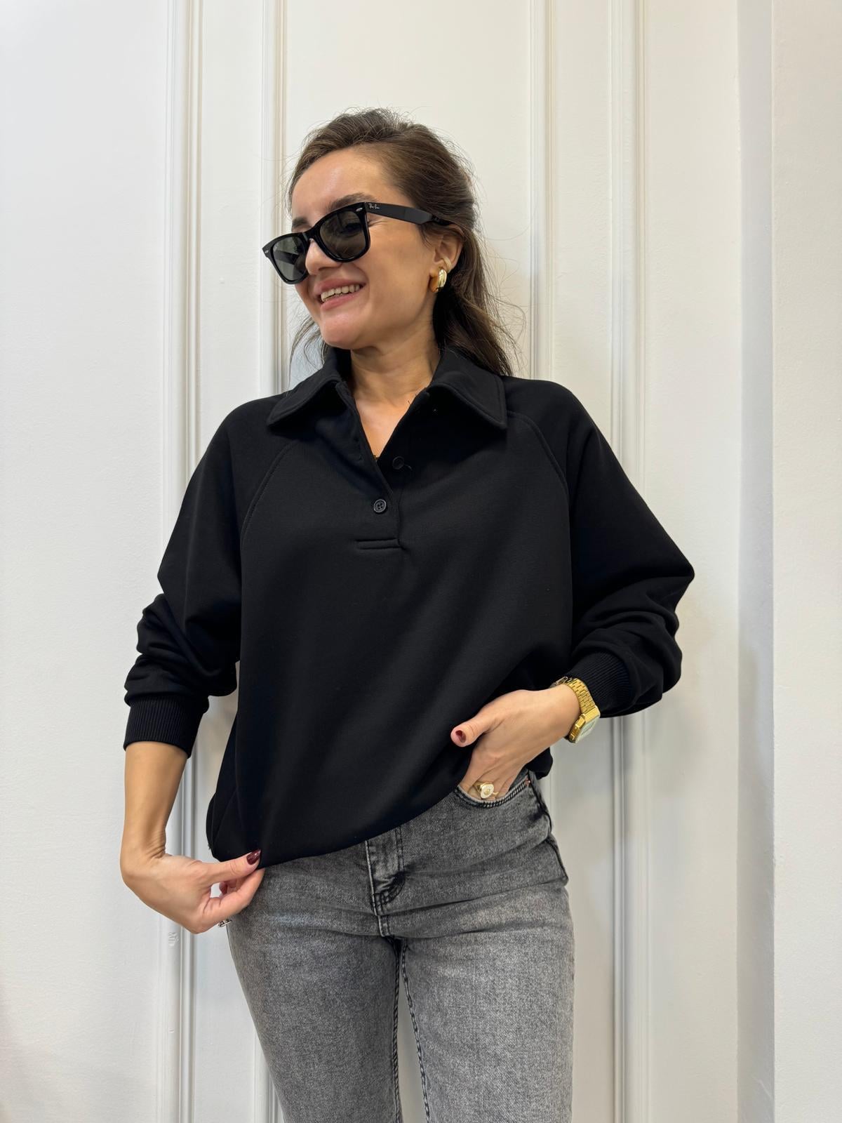 Siyah Polo Yaka Düğmeli Sweatshırt 580094