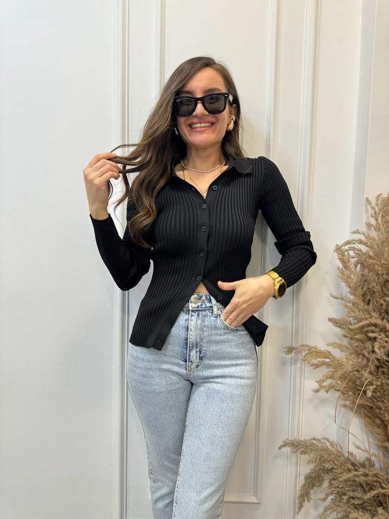 Siyah Polo Yaka Fitilli Hırka 0701