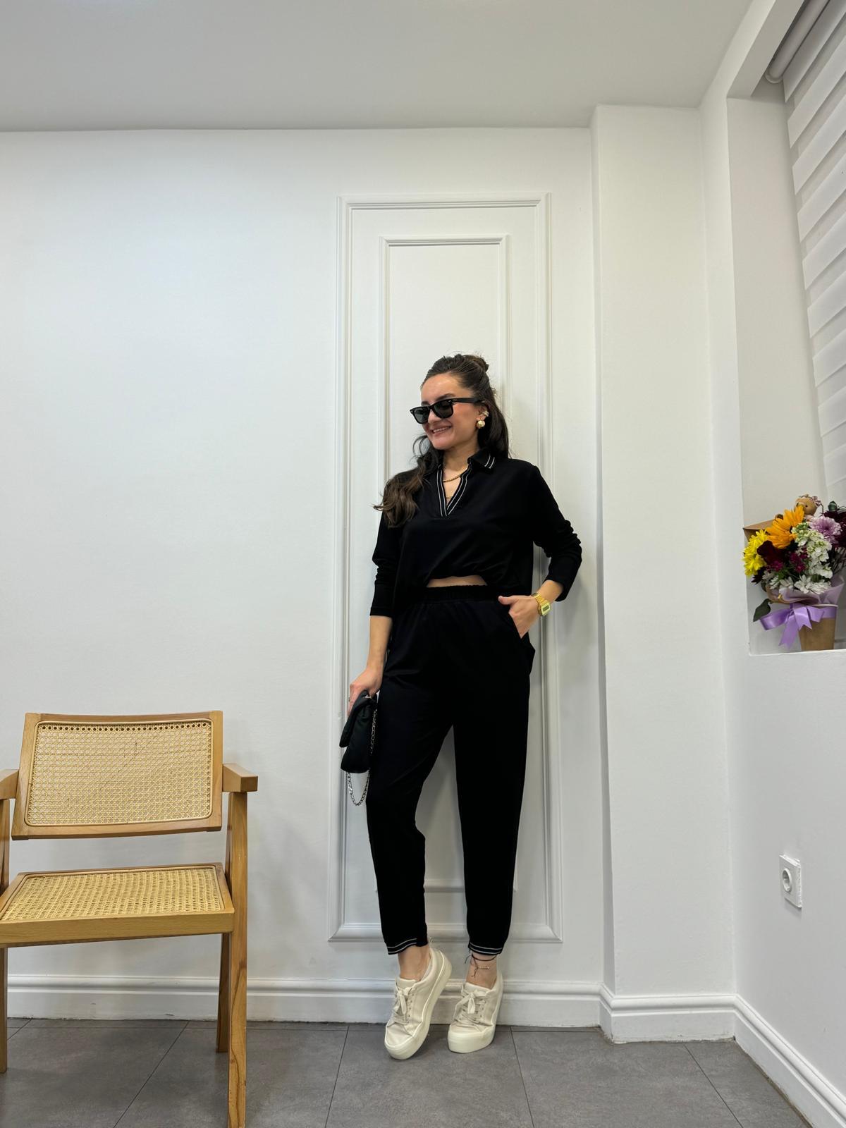 Siyah Polo Yaka Manşetleri Çizgili Takım 281017