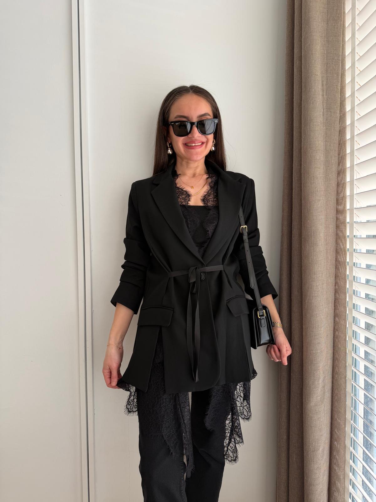 Siyah Premium Dantel Detaylı Blazer Ceket 2781