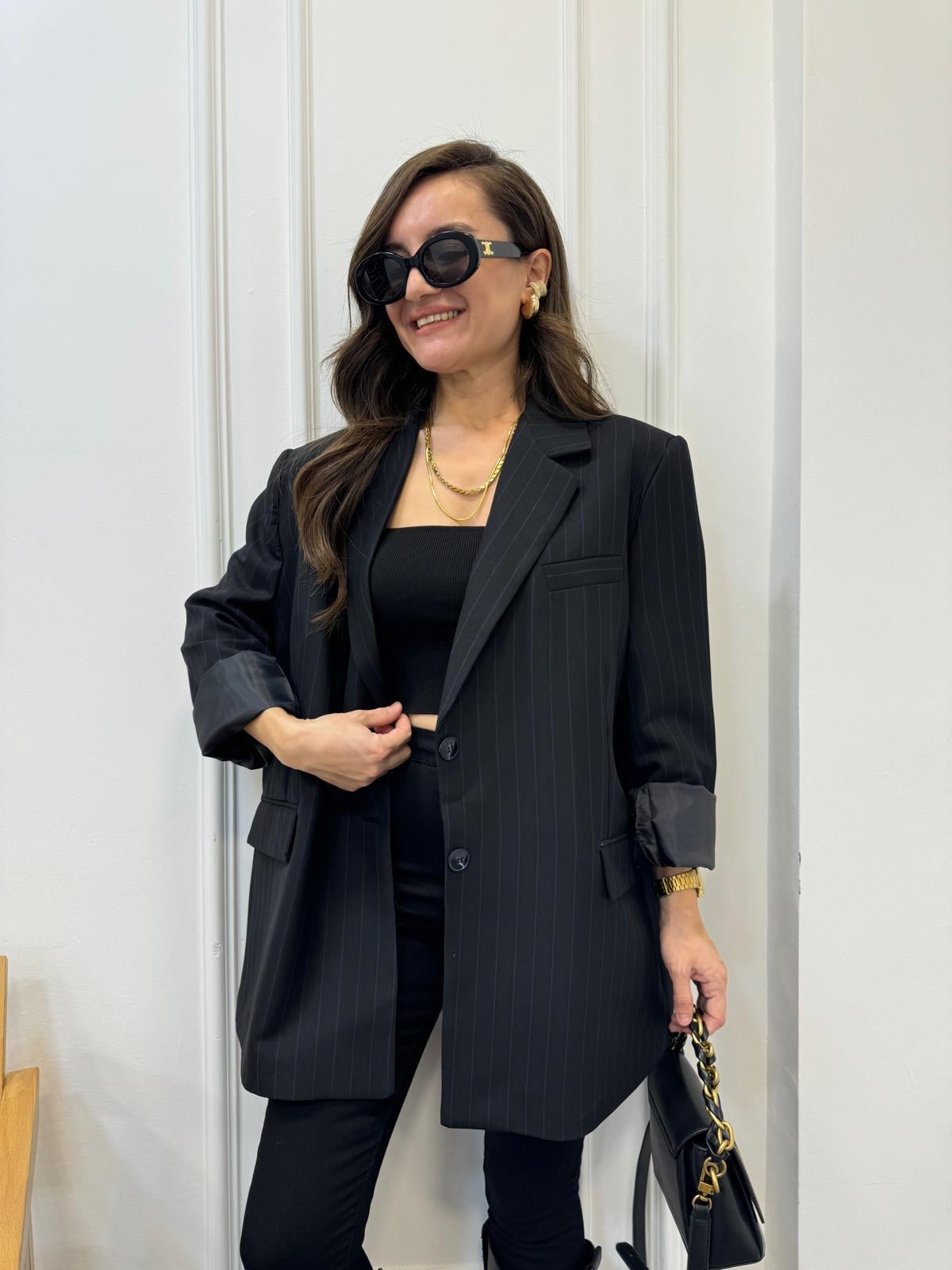 Siyah Premıum Seri Çizgili Blazer Ceket 9459