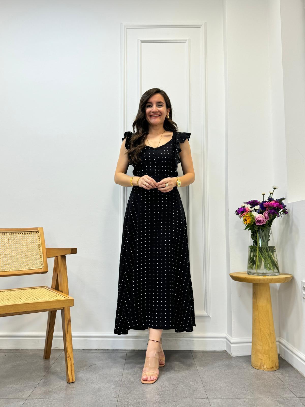 Siyah Puantiyeli Omuz Volanlı Elbise 9104