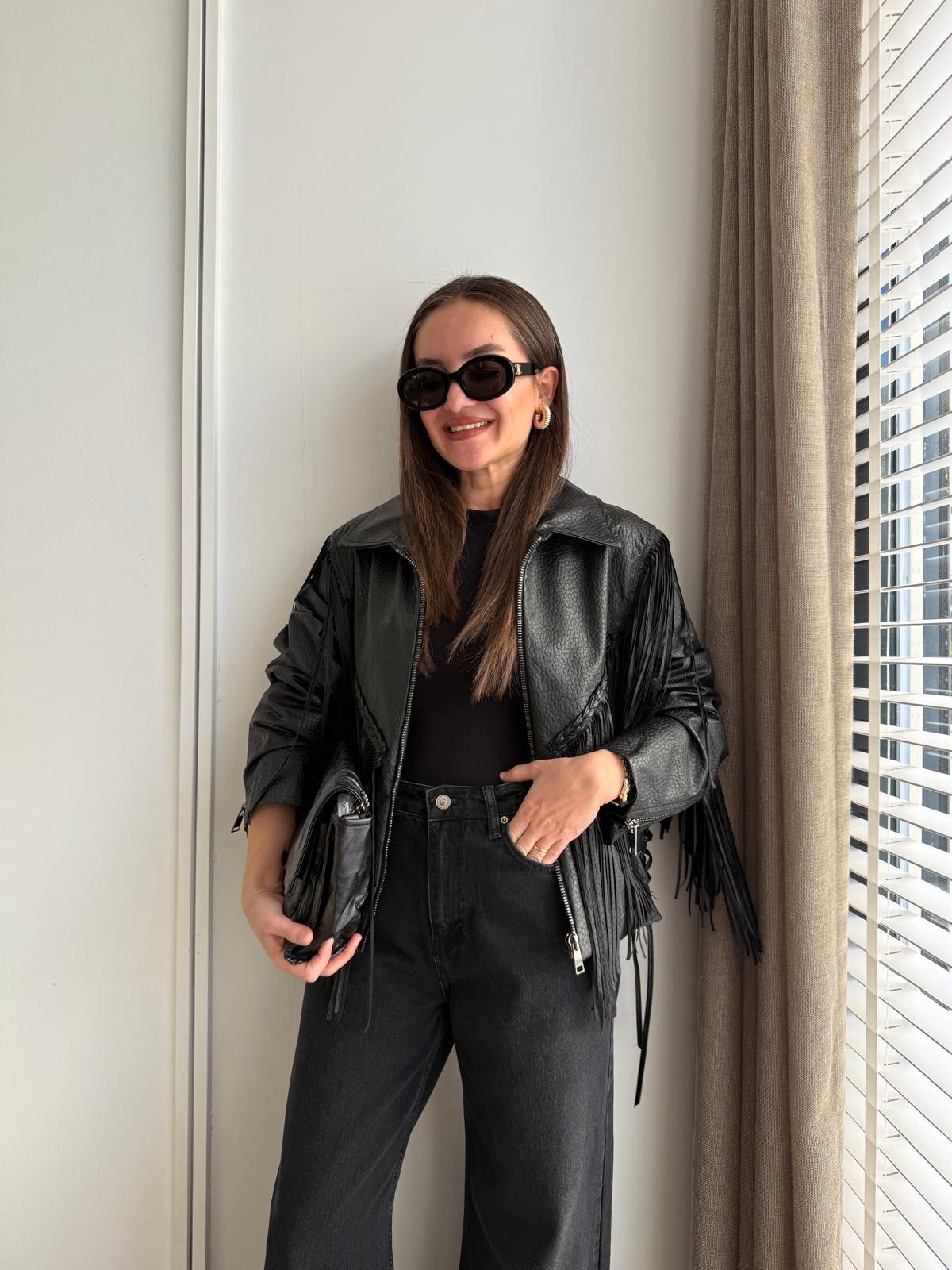 Siyah Püsküllü Tasarım Deri Ceket 36861