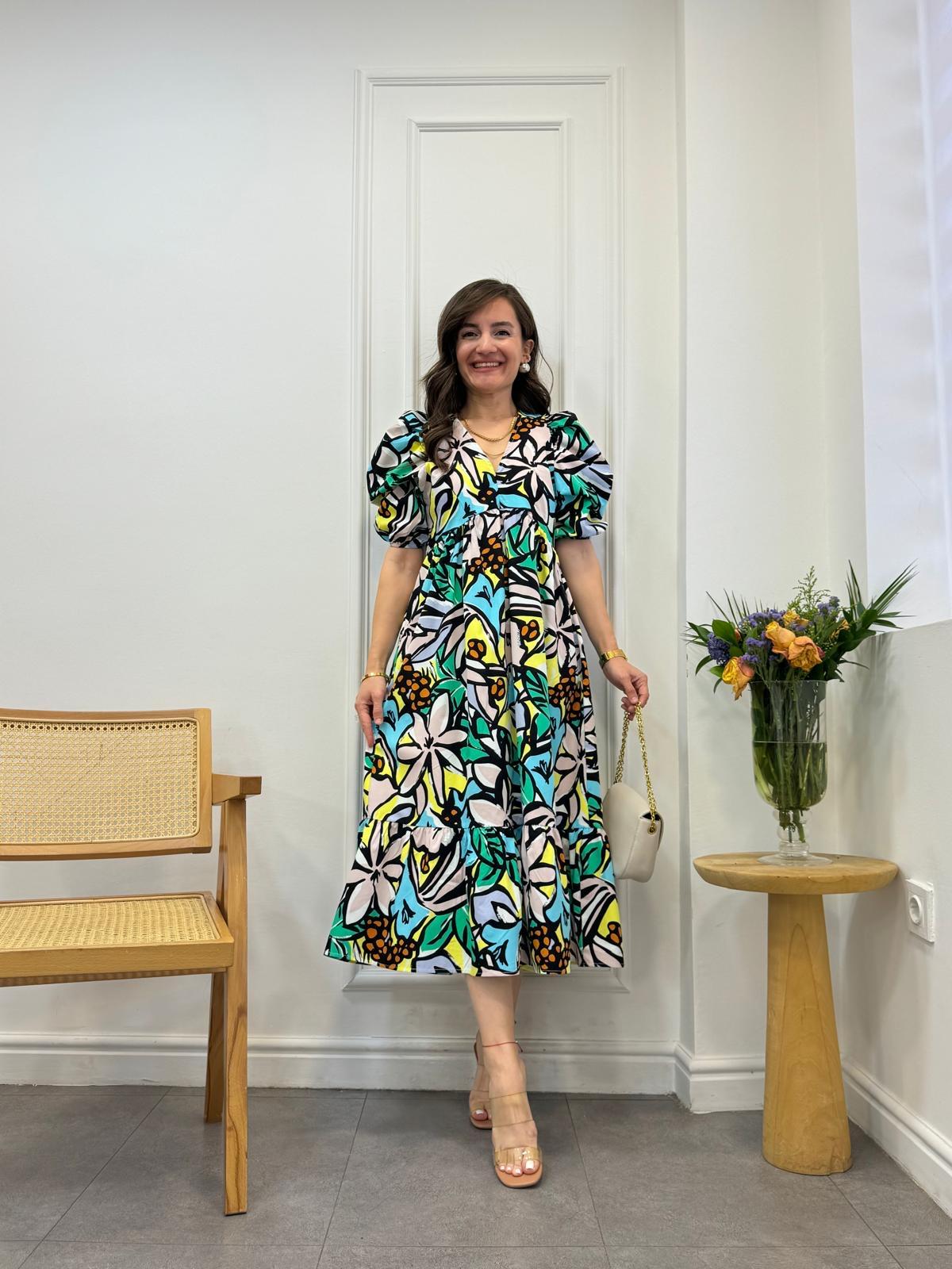 Siyah Renkli Çiçek Desenli V Yaka Balon Kol Elbise 58771