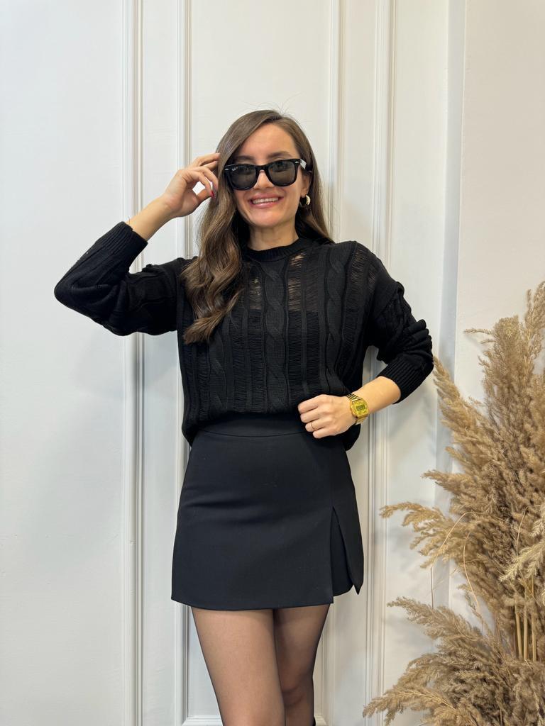 Siyah Saç Örgülü Triko Bluz 4128
