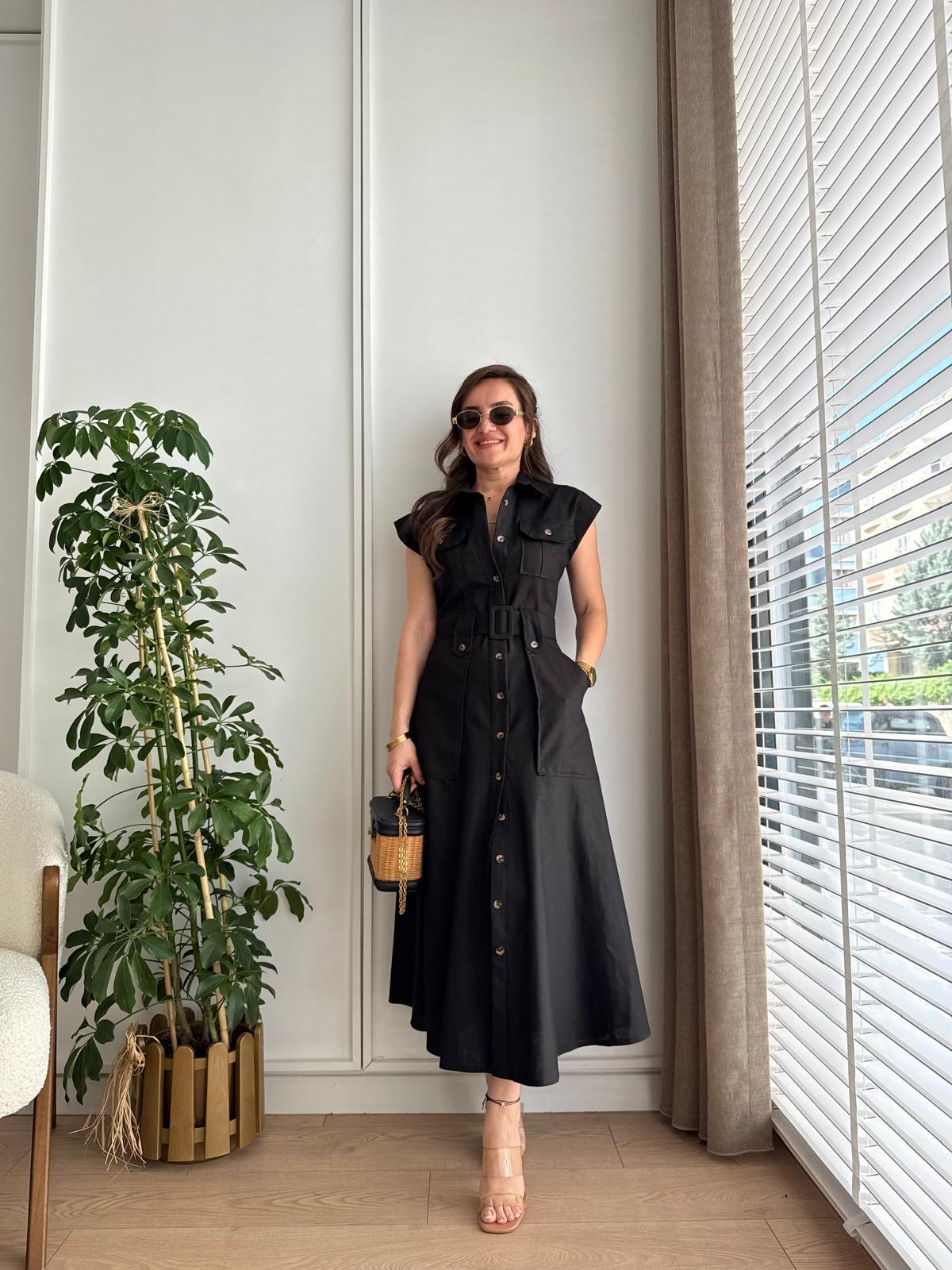 Siyah Safari Cepli Kemerli Gömlek Elbise 8193