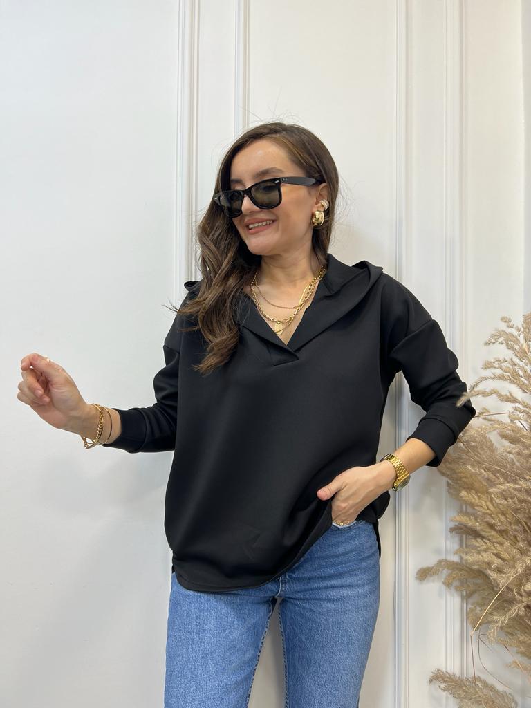 Siyah Scuba Kumaş Kapüşonlu Sweatshirt 1001
