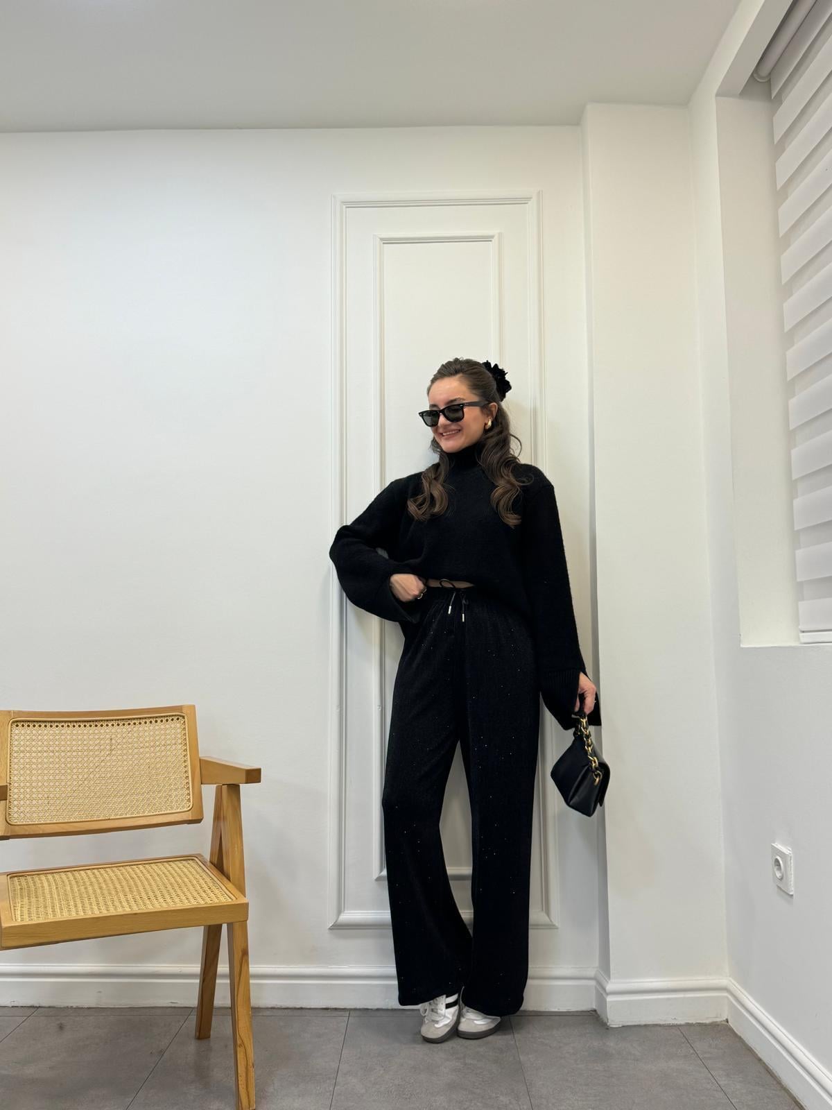Siyah Sim Geçişli Bel Bağlama Palazzo Pantolon 29416
