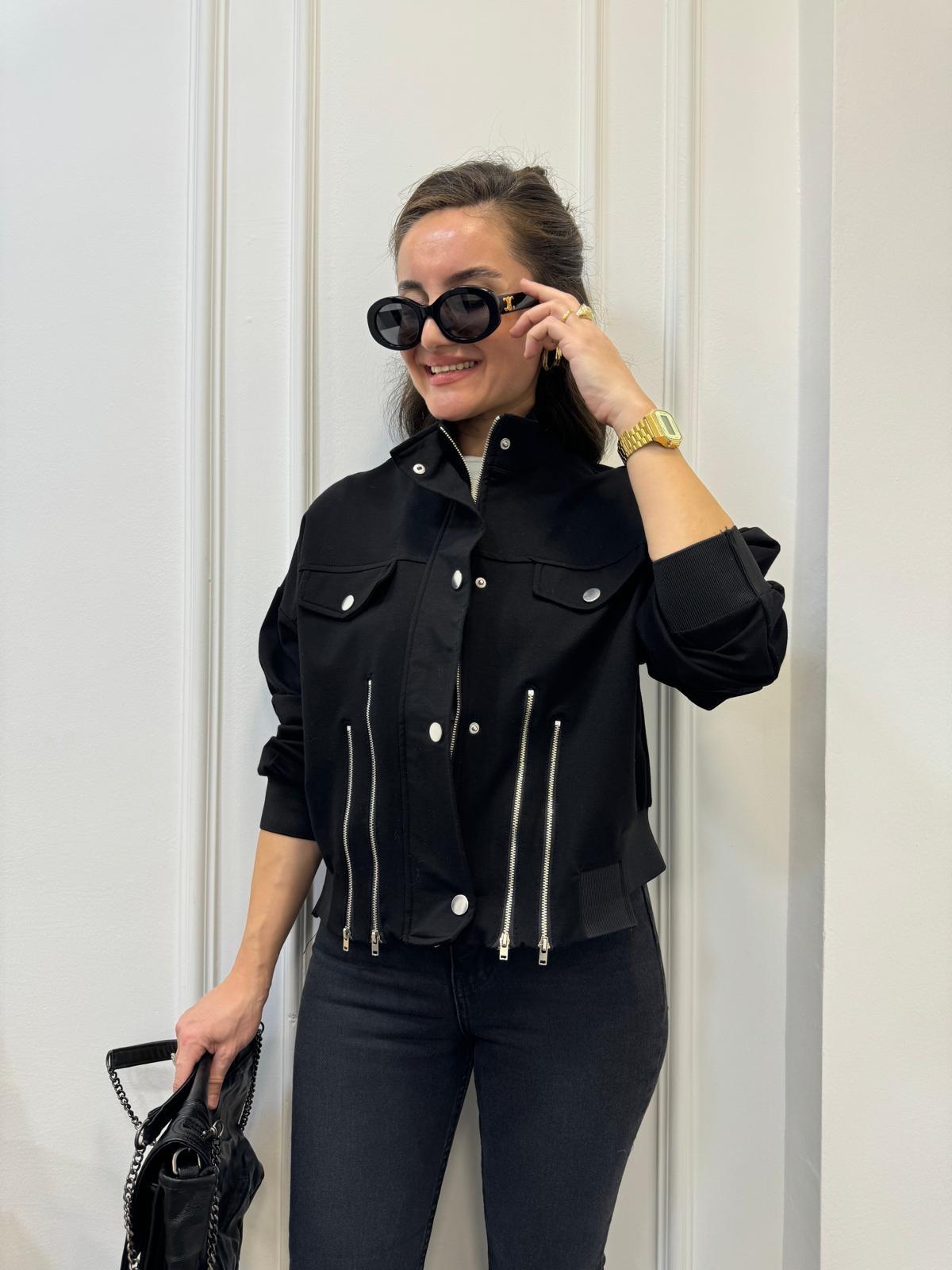 Siyah Simetri Kesim Fermuar Detaylı Tasarım Ceket 35374