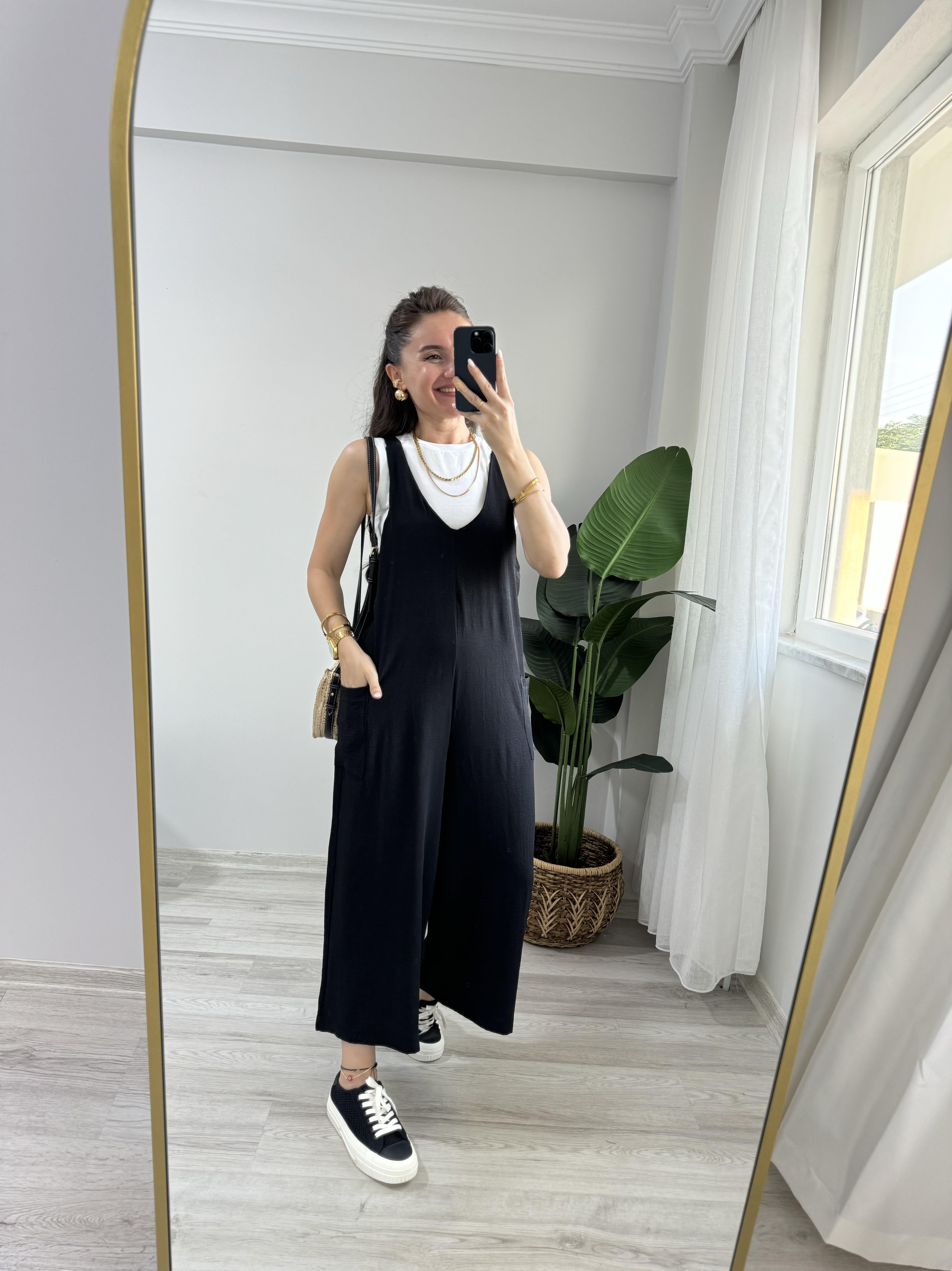 Siyah Sırttan Bağlamalı Cepli Salopet Tulum 1907