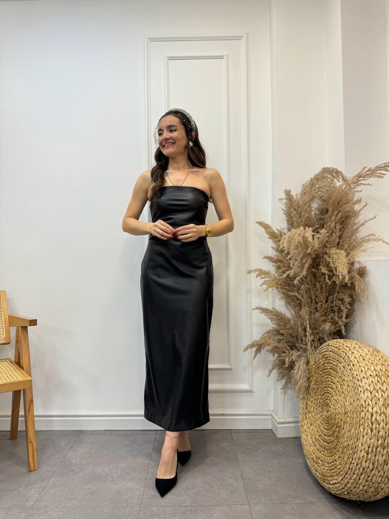 Siyah Straplez Deri Midi Boy Elbise 90799