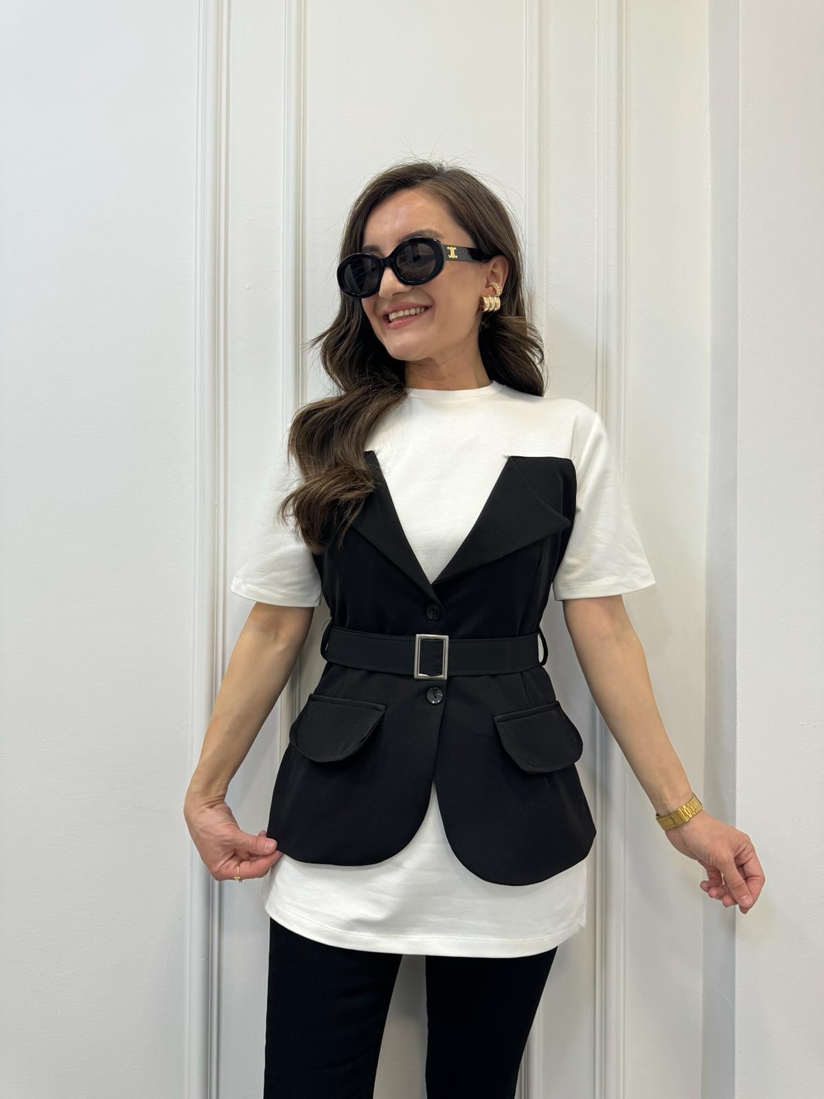Siyah Tasarım Blazer Ceket Detaylı Bluz 58717