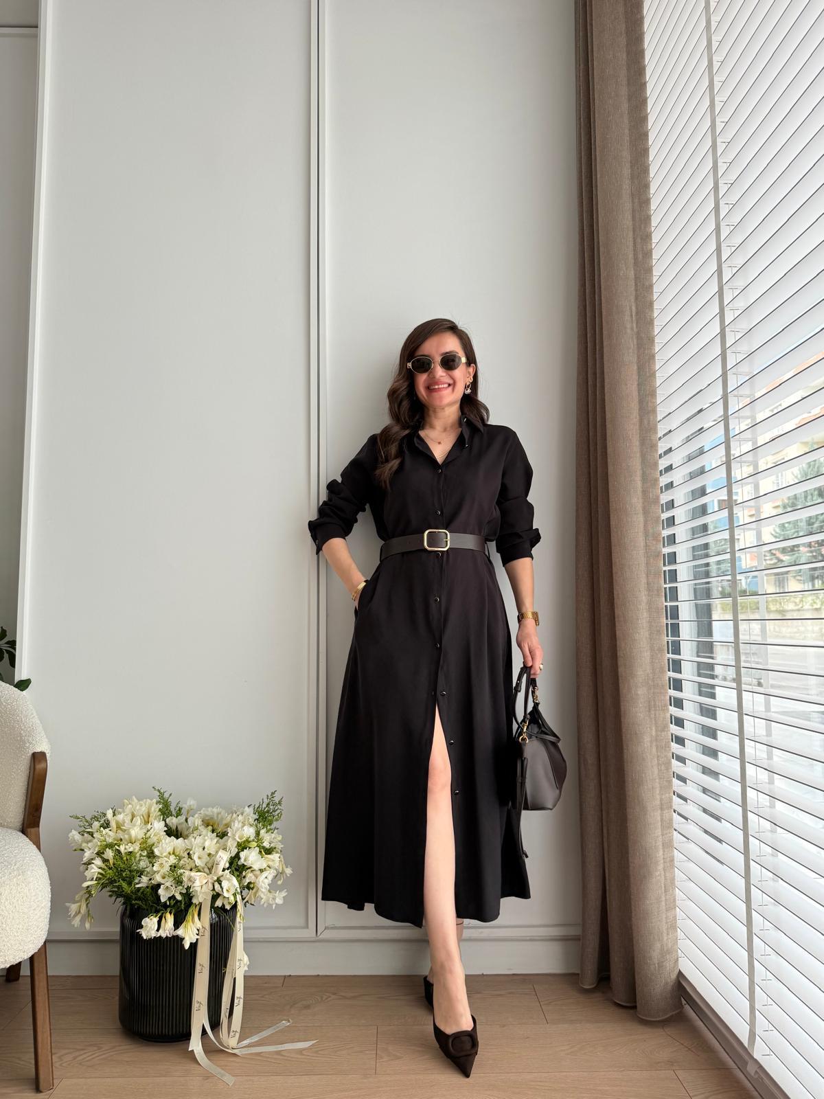 Siyah Tensel Kumaş Kemerli Gömlek Elbise 580286