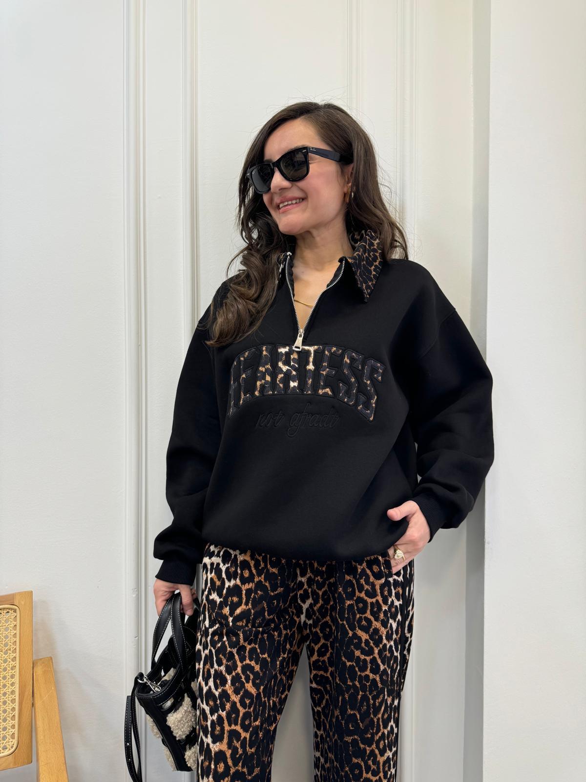 Siyah Üç İplik Leopar Desen Polo Yaka Sweatshirt 066