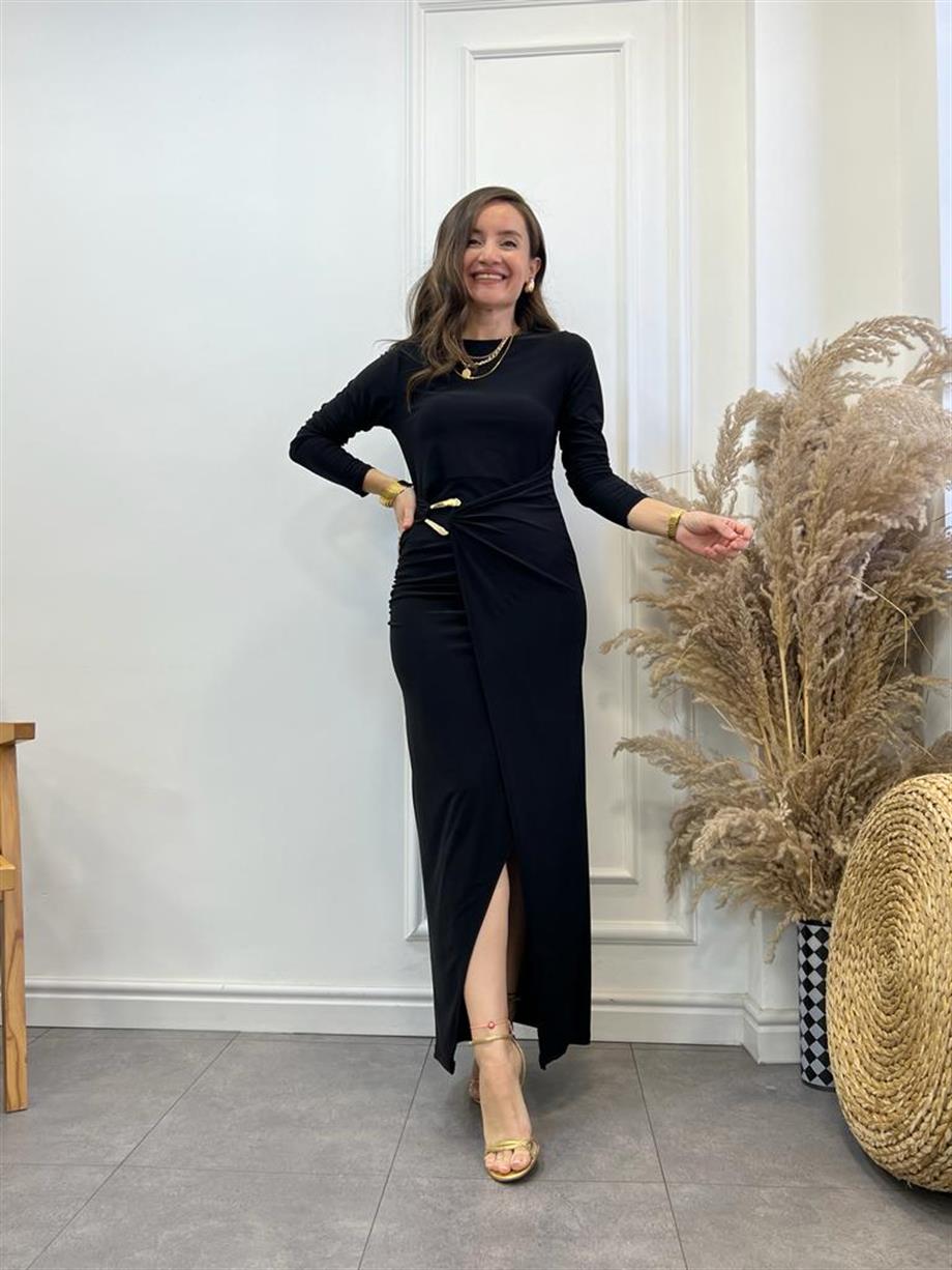 Siyah Uzun Kollu Tokalı Elbise 272004