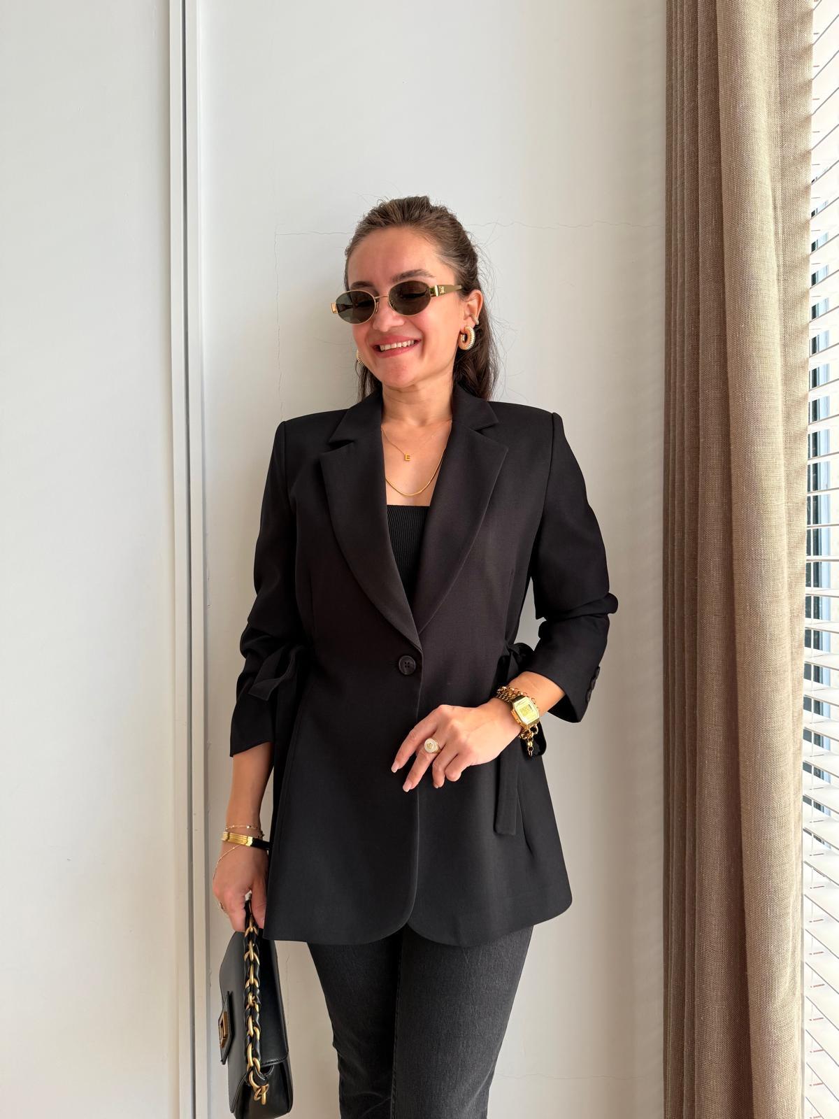 Siyah Yan Bağlamalı Blazer Ceket 7547
