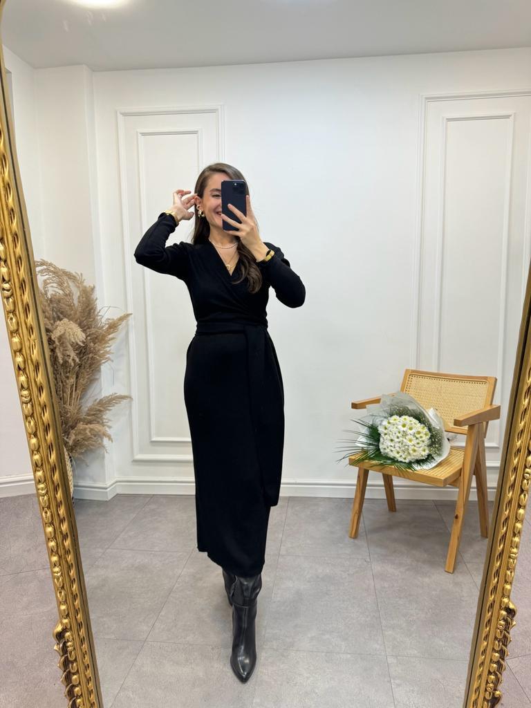 Siyah Yandan Bağlamalı Triko Elbise 28293