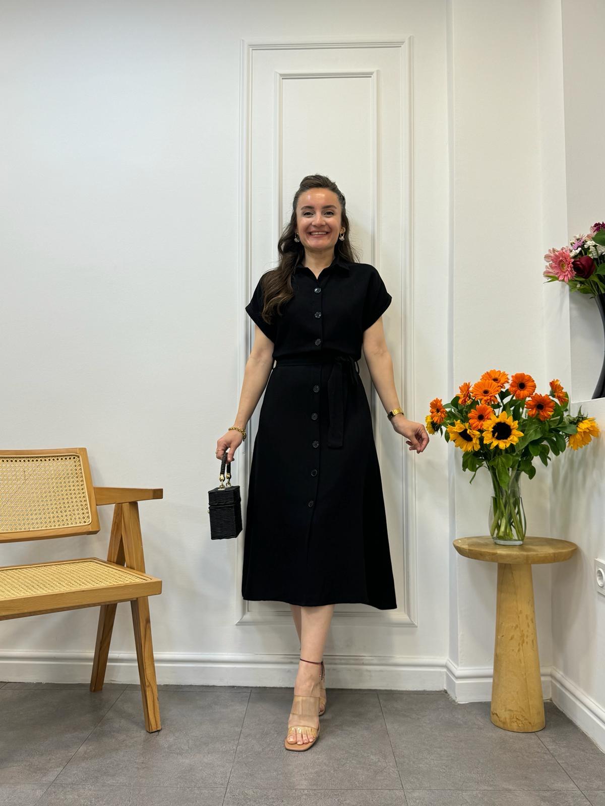 Siyah Yarasa Kol Keten Gömlek Elbise 1981