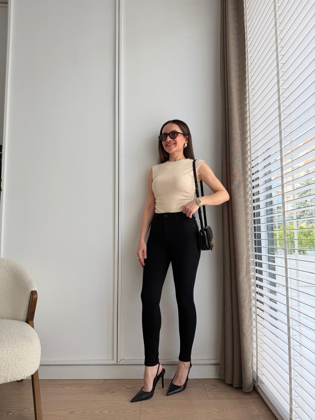 Siyah Yükek Bel Full Likralı Jean 7277