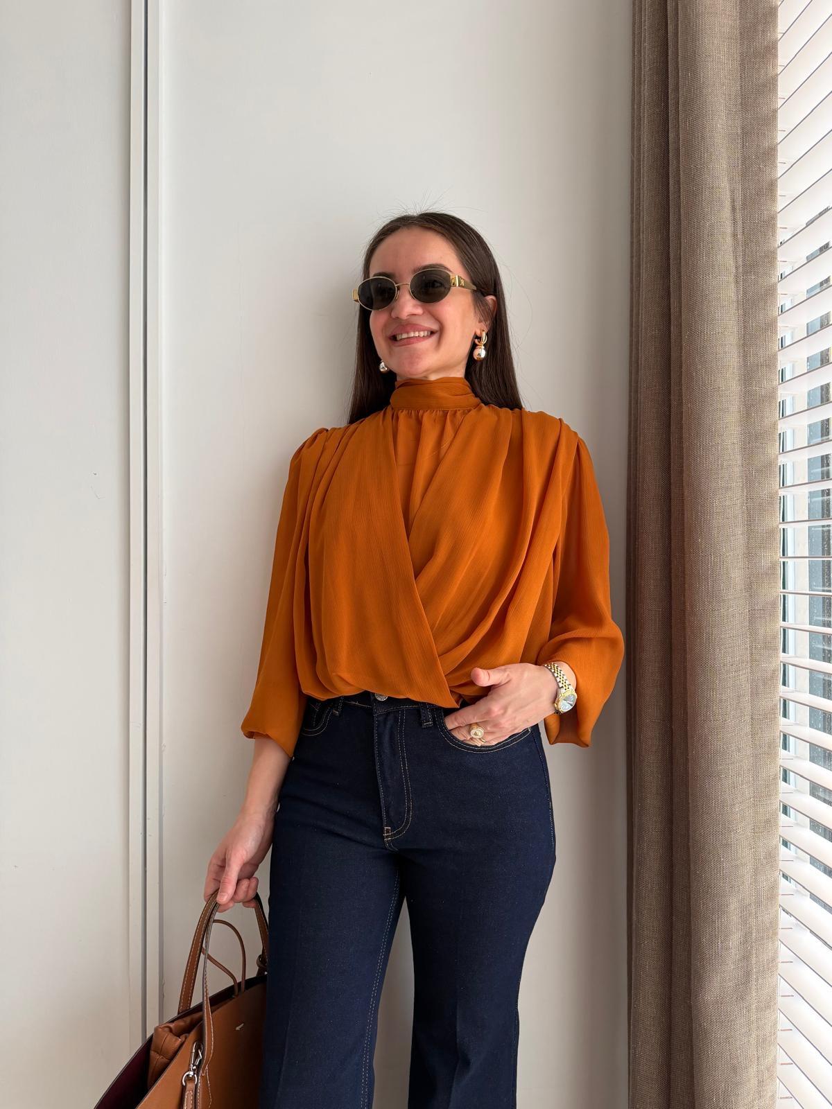 Taba Bel Lastikli Tasarım Şifon Bluz 31348