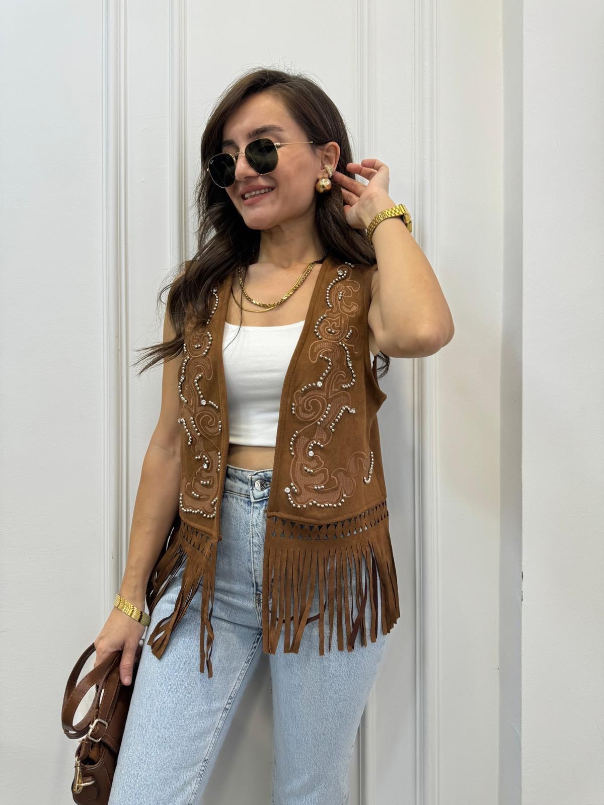 Taba Tasarım Nakışlı Taşlı Süet Yelek 35063