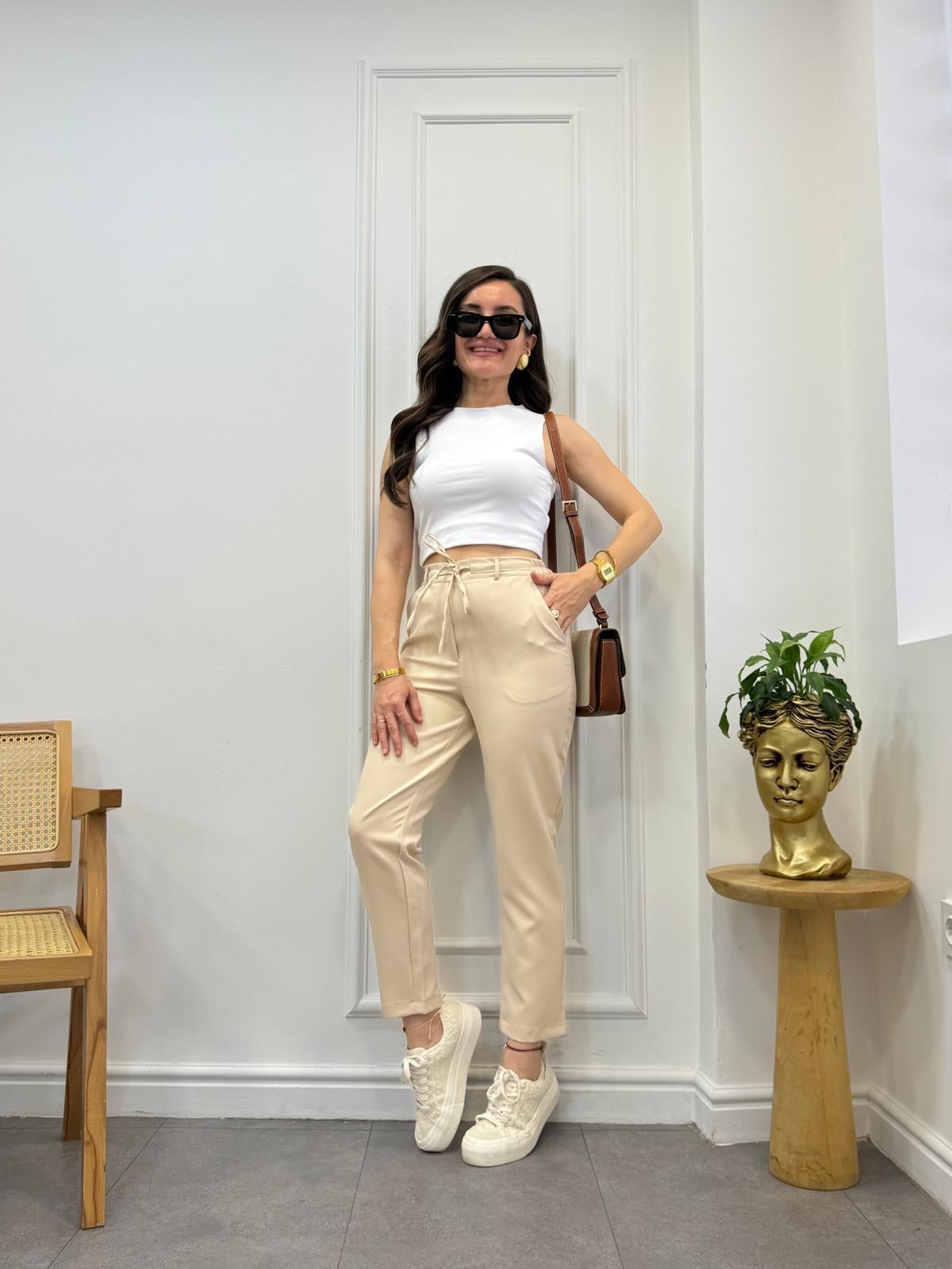 Taş Bel Lastikli Bağlamalı Havuç Pantolon 3978