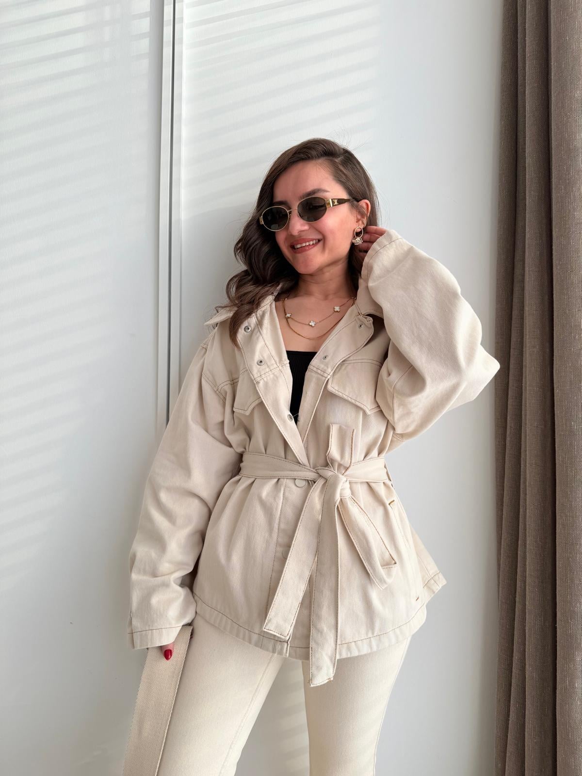 Taş Çıtçıt Düğmeli Kuşaklı Denim Ceket 7430