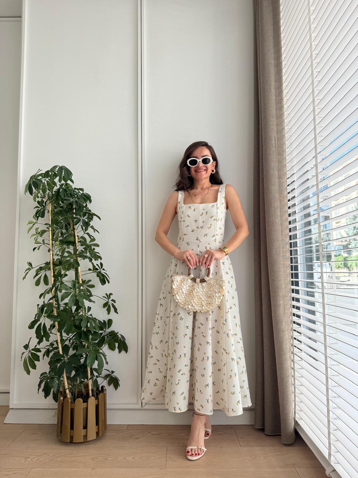 Taş Kalın Askılı Limon Desenli Keten Elbise 5104