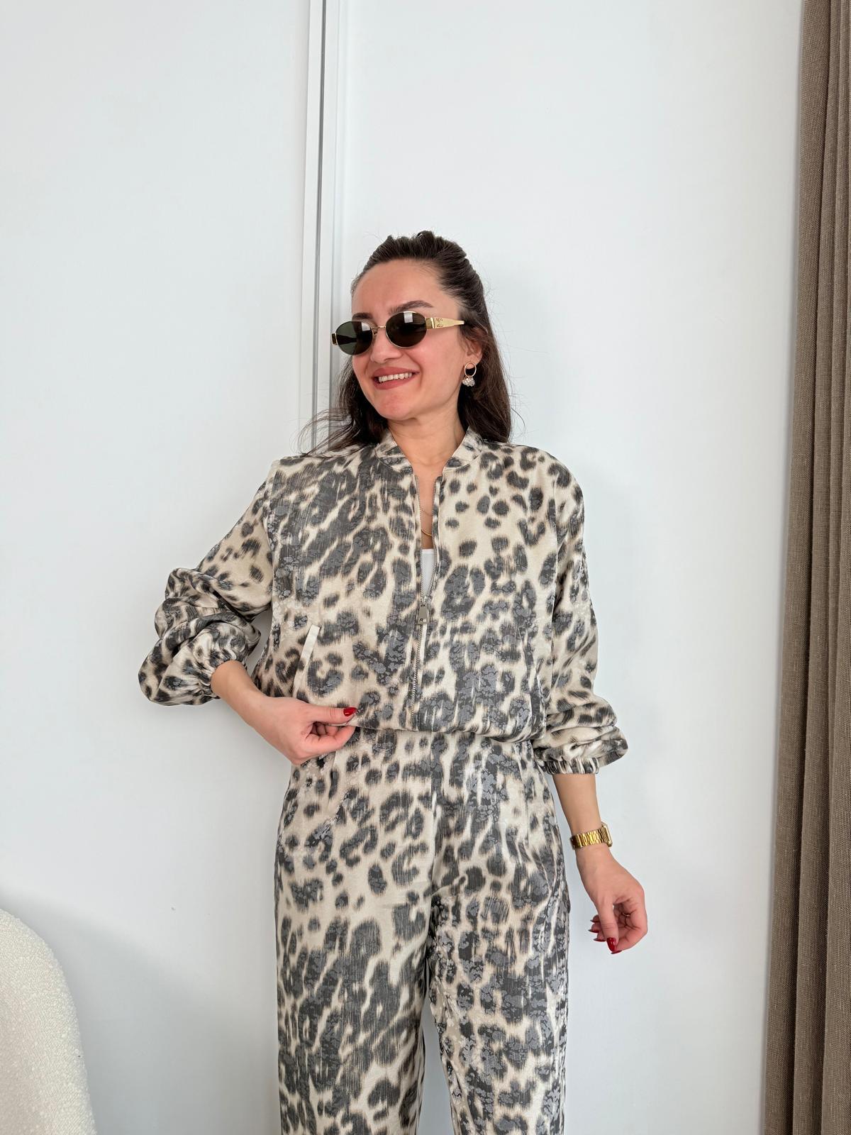 Taş Leopar Desen Cepli Bel Lastikli Ceket 00115