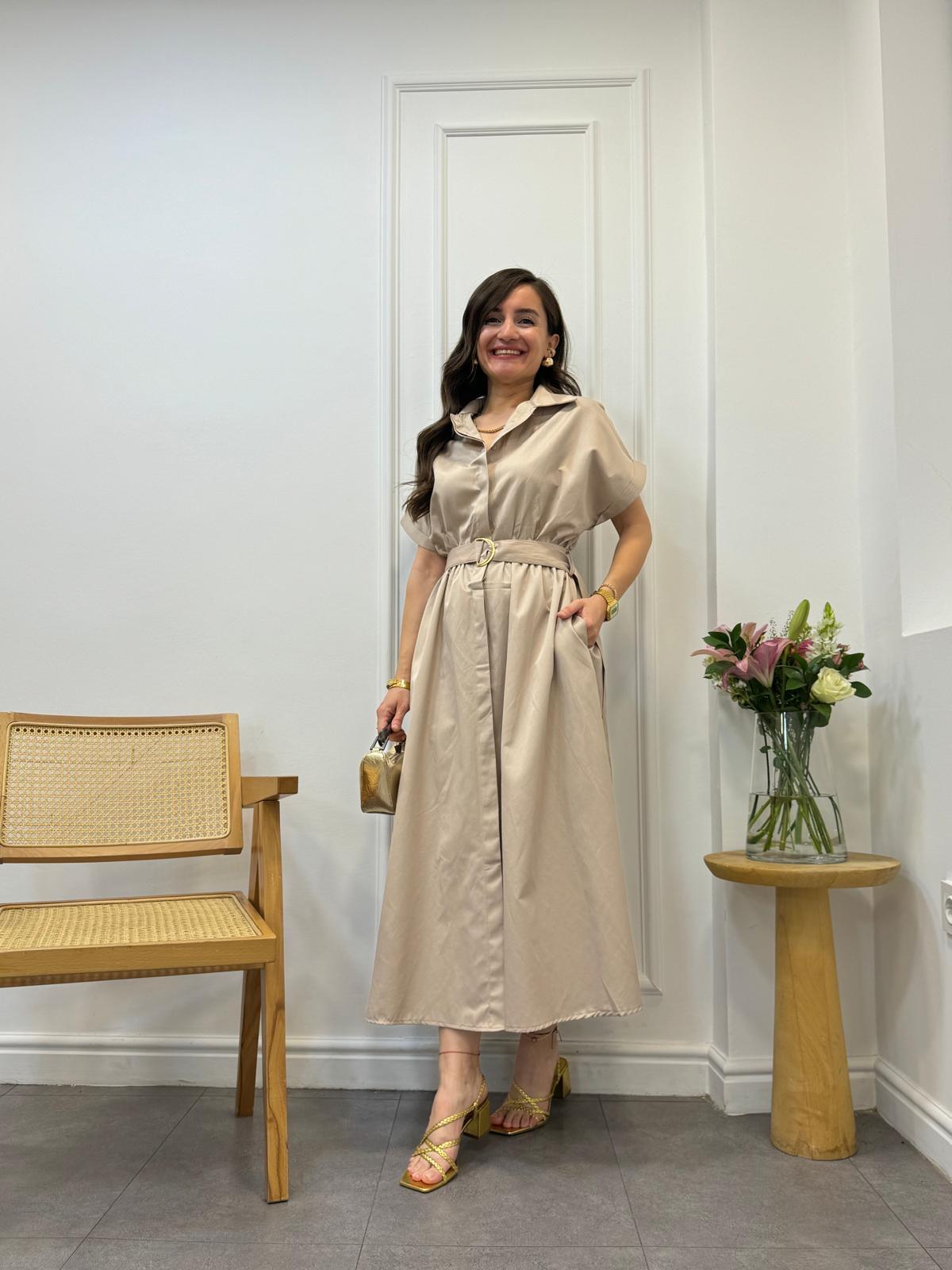 Taş Lüx Kalite Kemerli Midi Boy Kısa Kol Elbise 29679