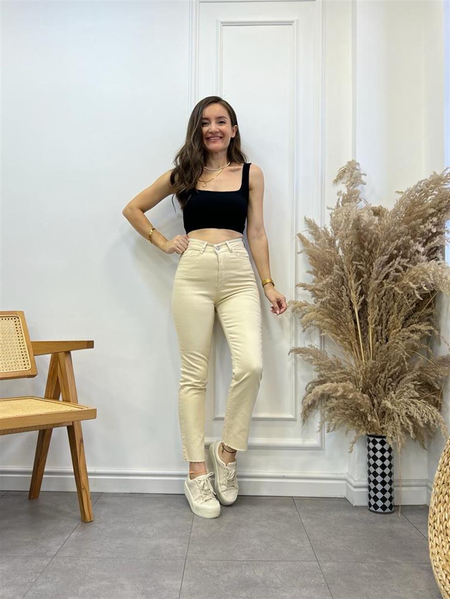 Taş Yüksek Bel Paçası Kesik Likralı Fit Mom Jean 1906