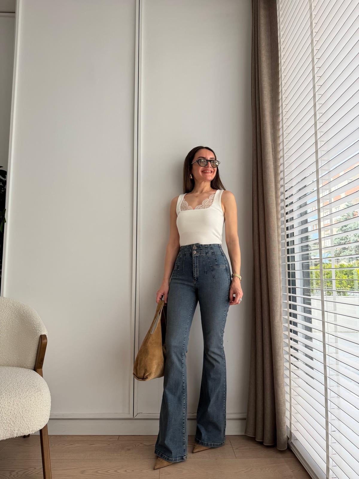 Taşlama Yüksek Bel Pensli İspanyol Paca Jean 7021