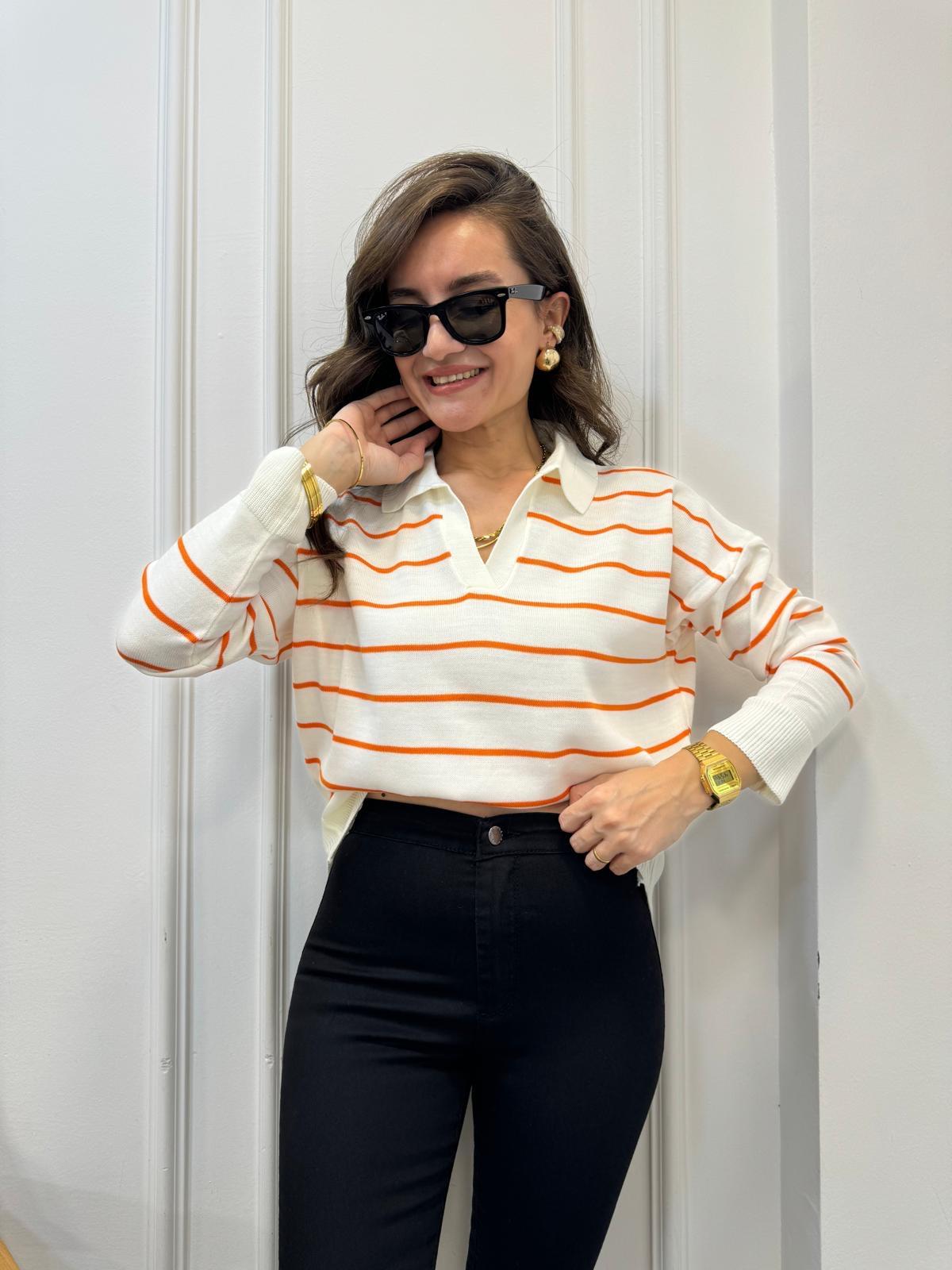 Turuncu Ekru Çizgili Polo Yaka Triko Bluz 3276