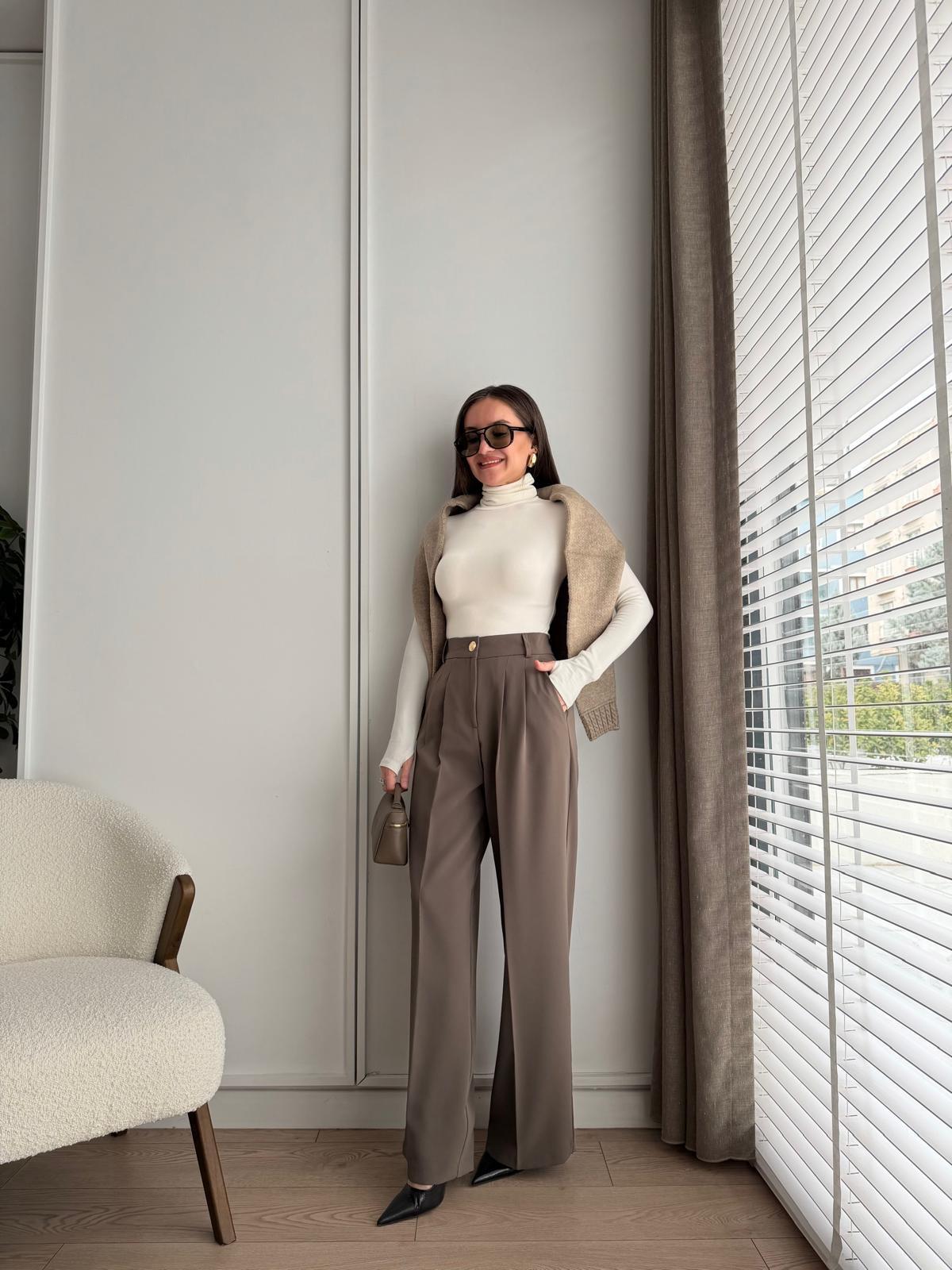 Vizon Beli Lastikli Gold Düğmeli Palazzo Pantolon KA4386