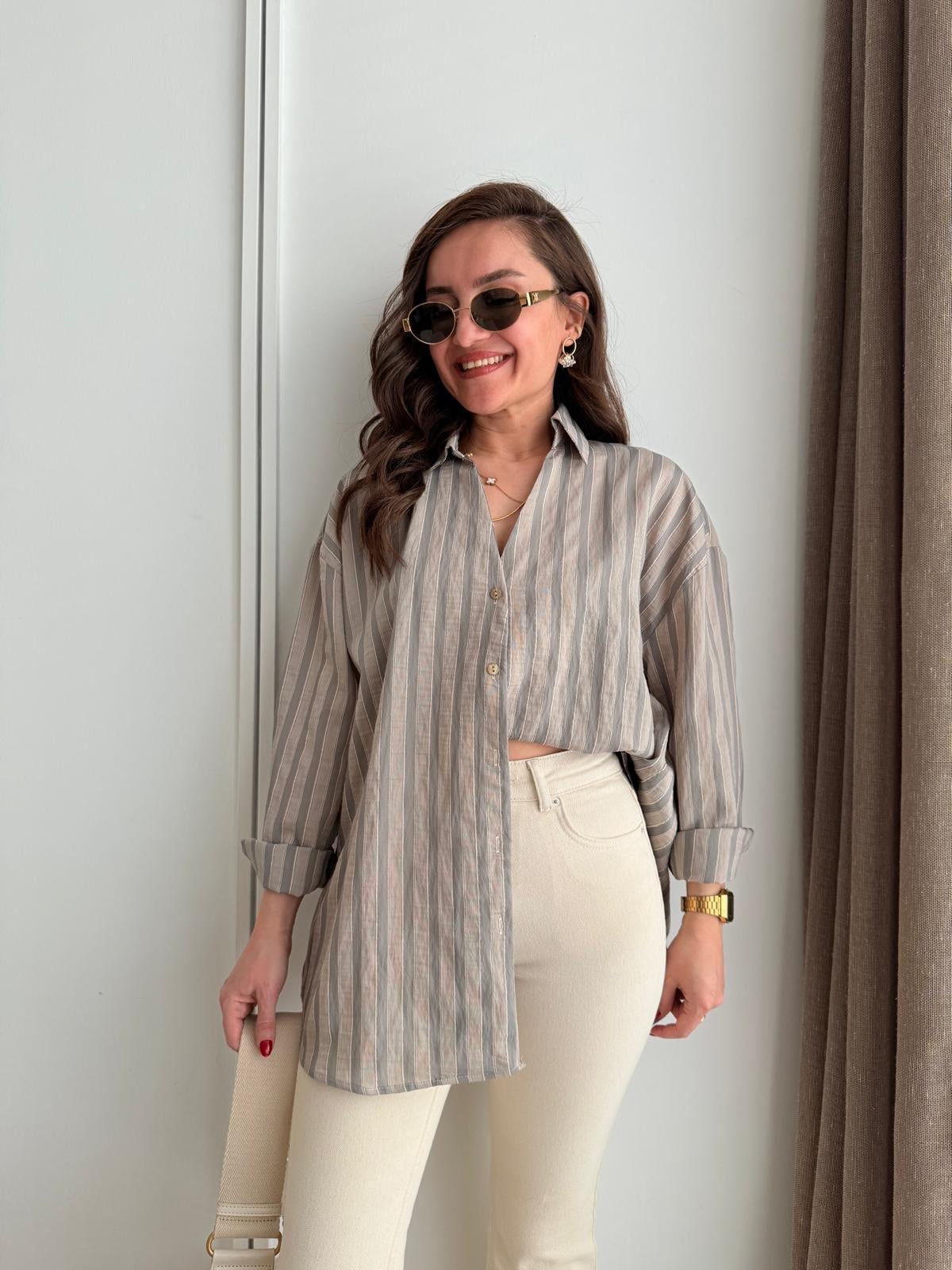 Vizon Çizgili Oversize Gömlek 5299