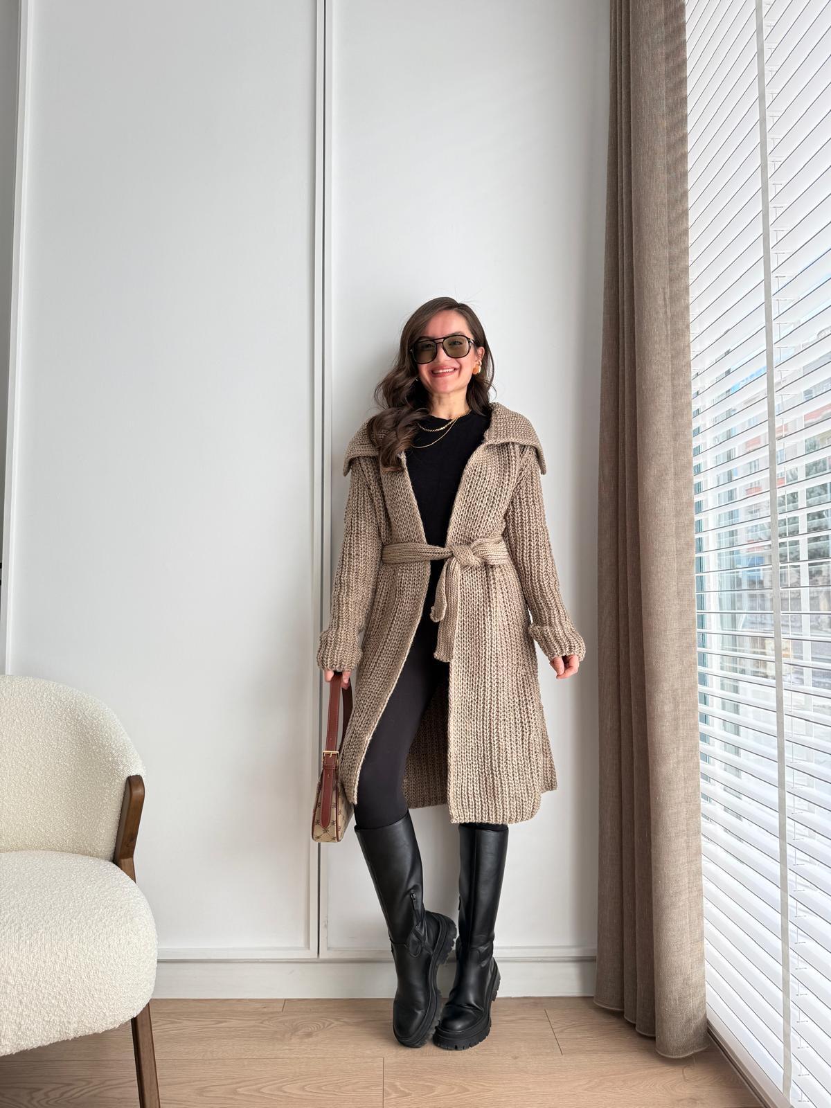 Vizon Kuşaklı Örme Triko Hırka 4032
