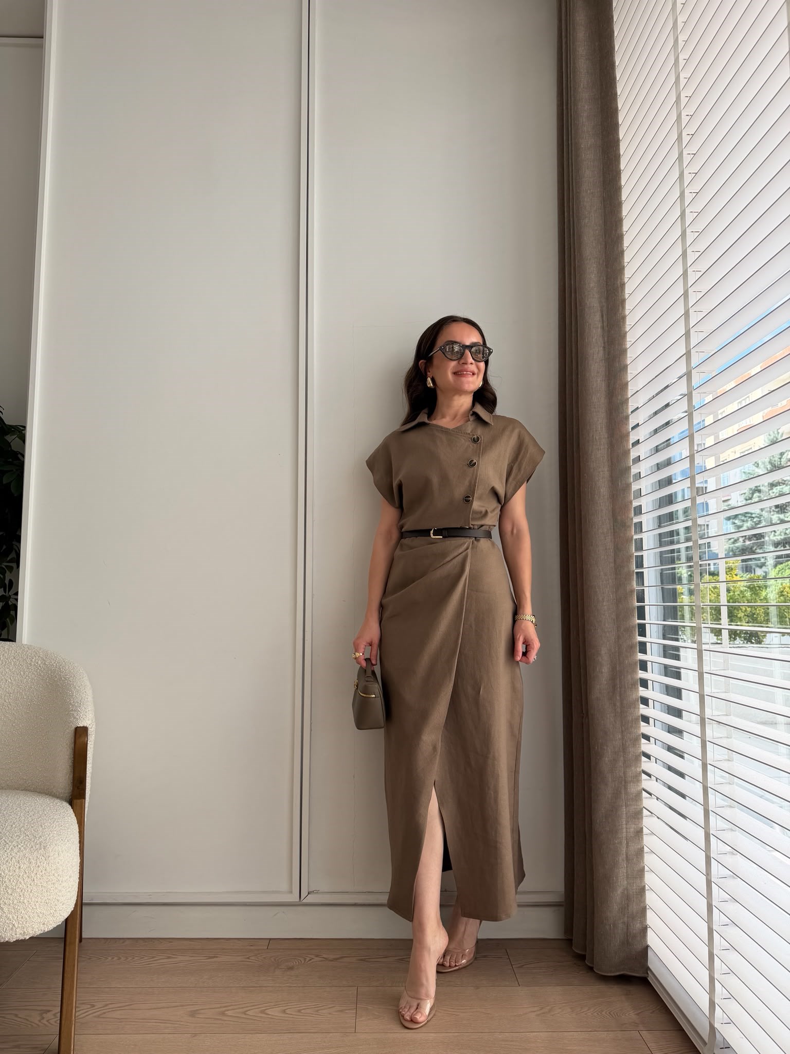 Vizon Ön Drapeli Yırtmaçlı Keten Elbise 37490