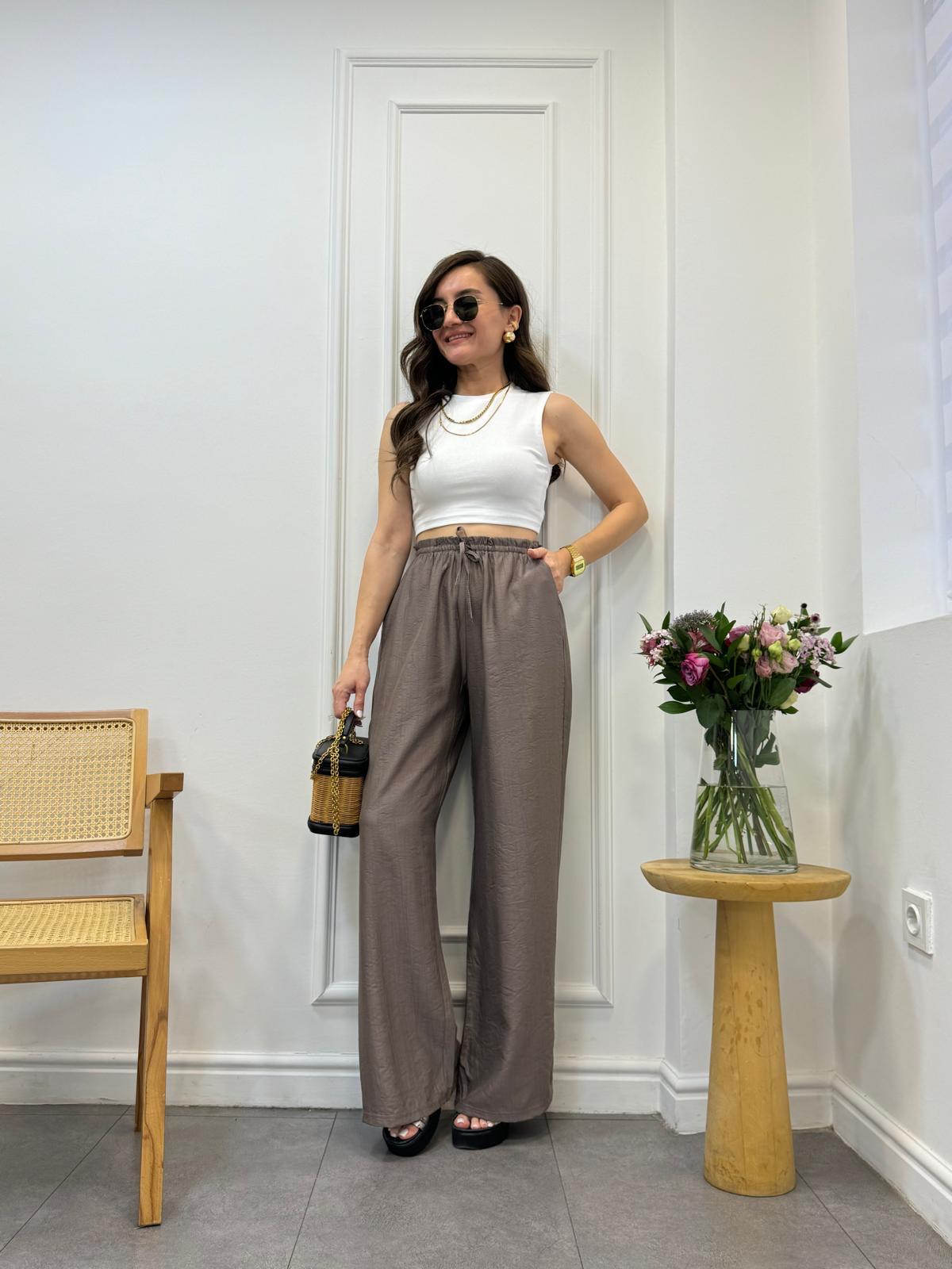 Vizon Özel Dokulu Bel Lastikli Bol Paça Pantolon 2202