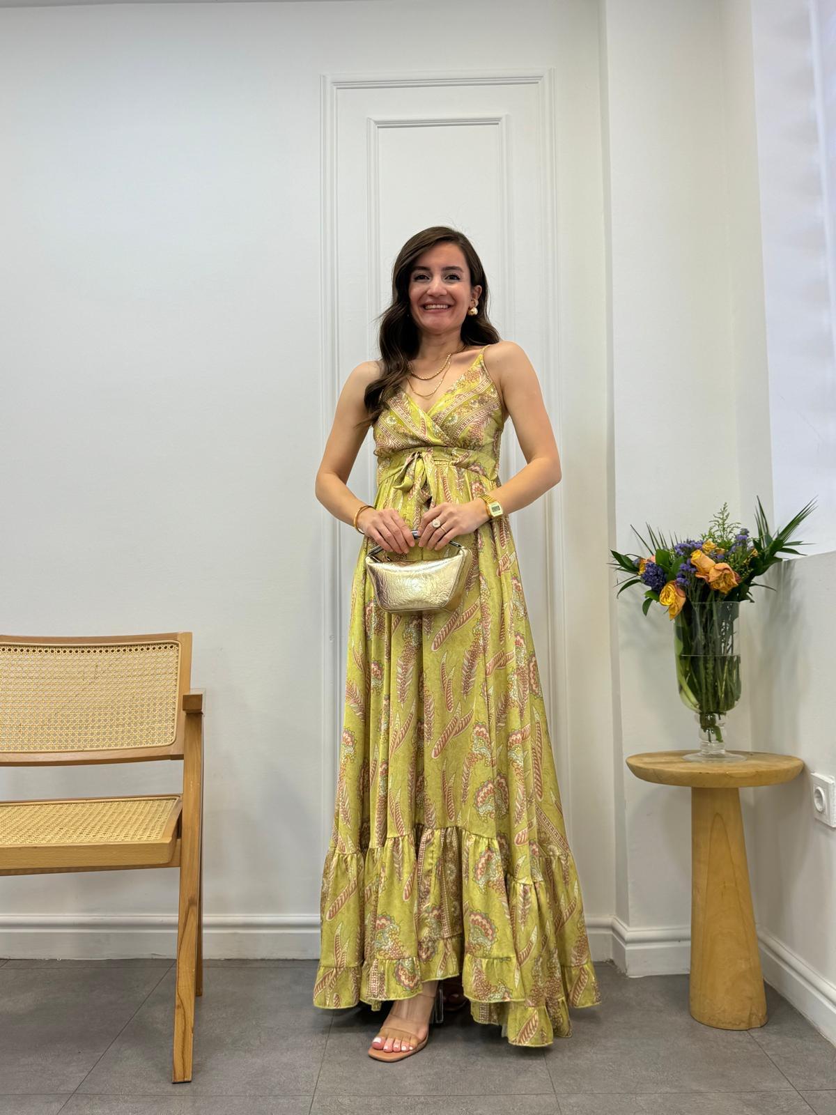 Yağyeşili Askılı Lüx Kalite Tasarım Saten Elbise 36095