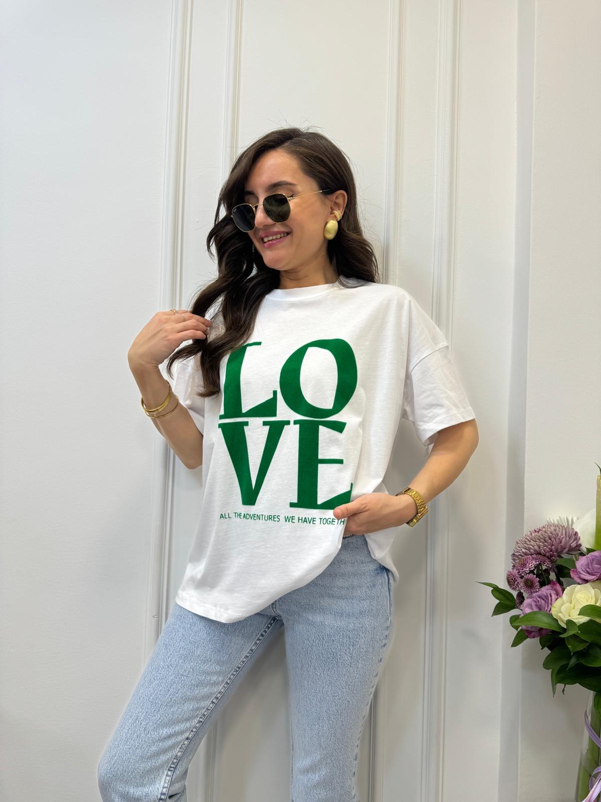 Yeşil Beyaz Love Yazı Baskılı Tişört 241035