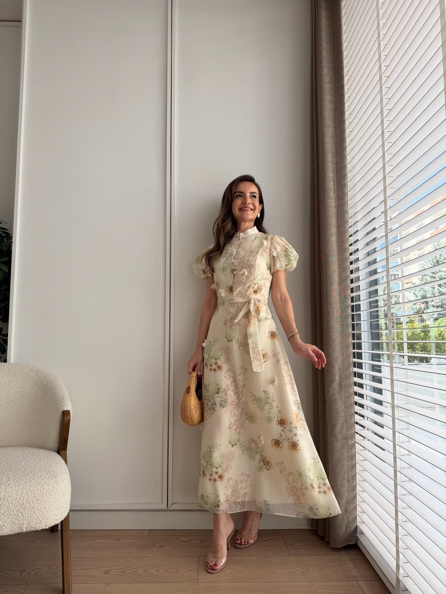 Yeşil Çiçek Aplikeli Desenli Şifon Elbise 3186