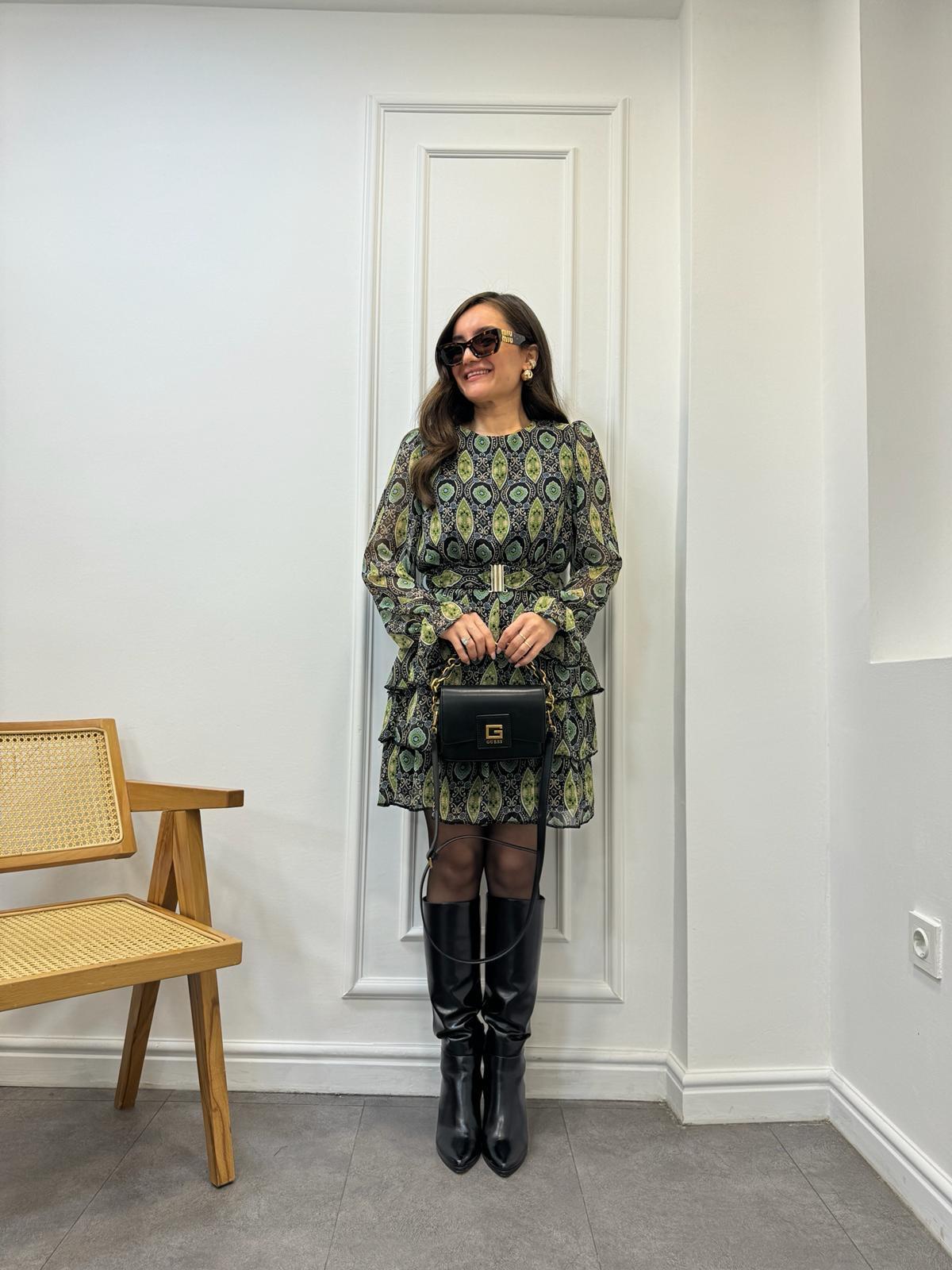 Yeşil Etnik Desenli Beli Lastikli Şifon Elbise 3347